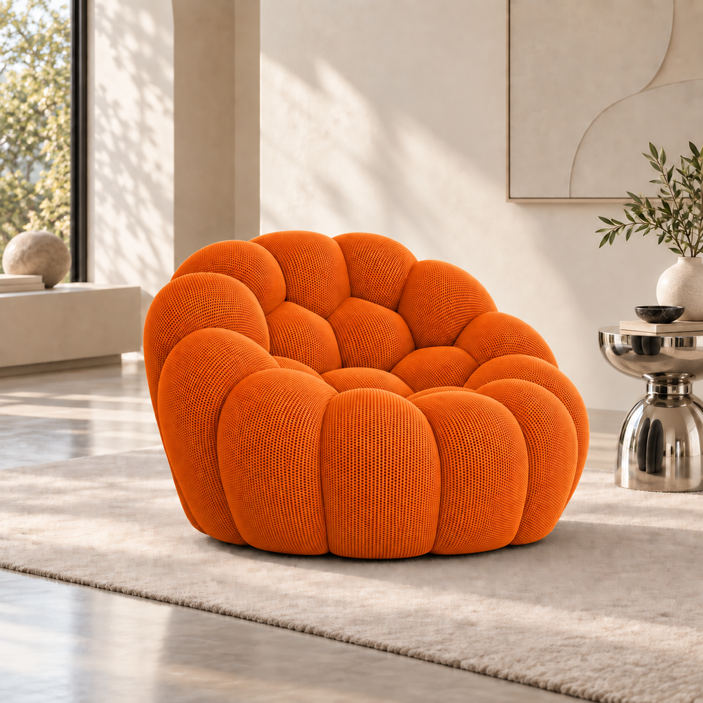 Canapé Cocon 1 place orange en maille 3D dans un salon contemporain