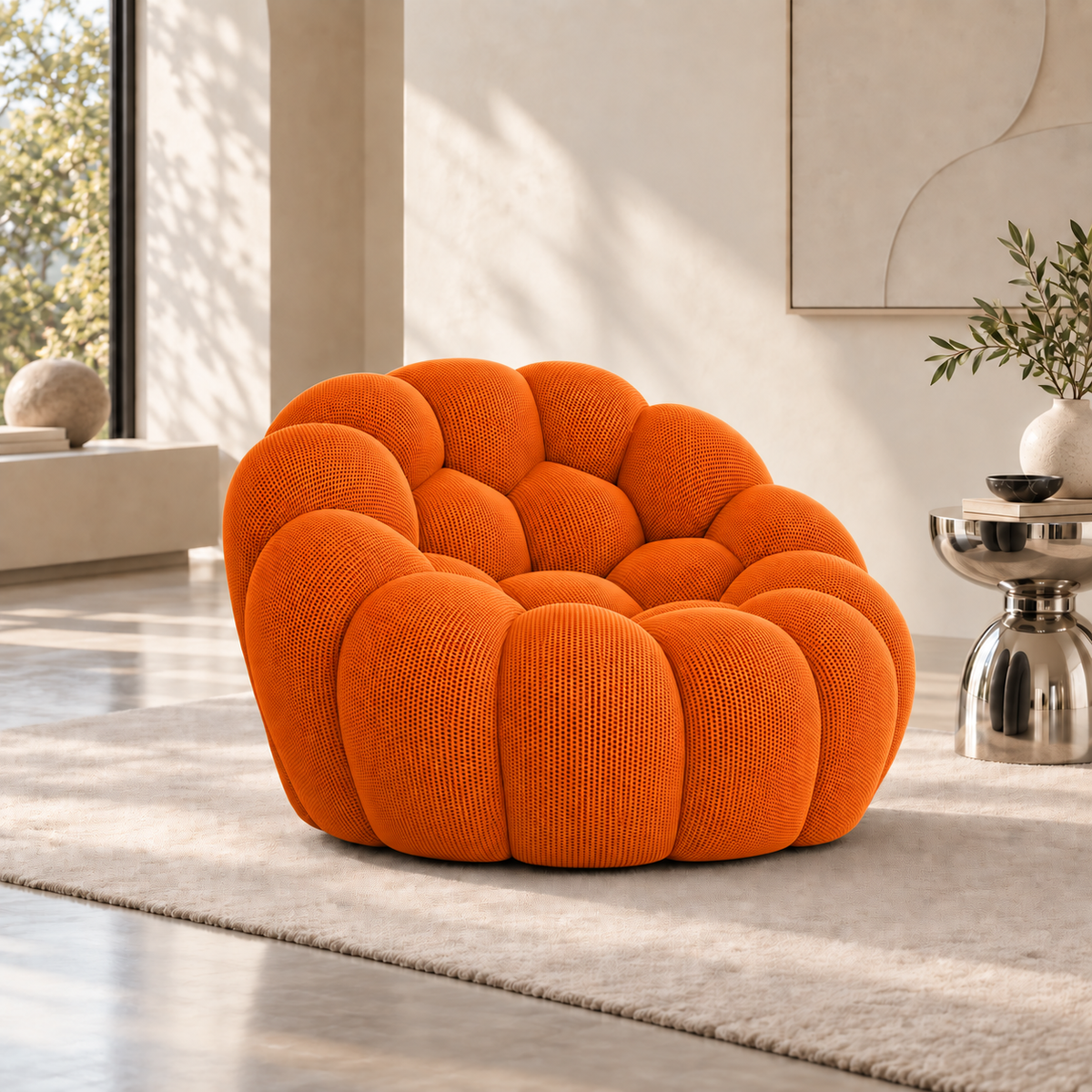 Canapé Cocon 1 place orange en maille 3D dans un salon contemporain