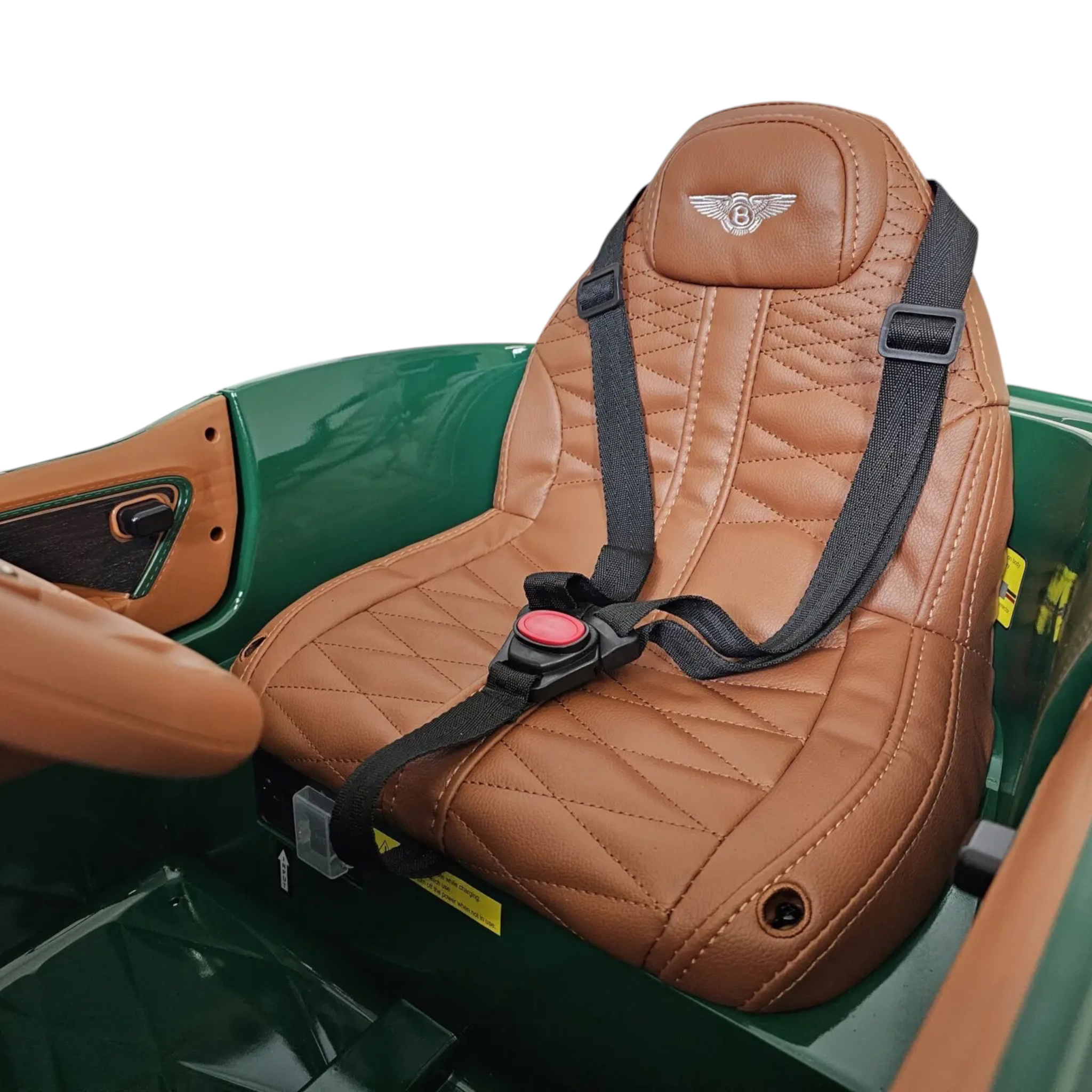 Siège en cuir marron avec ceinture de sécurité dans la voiture électrique pour enfant Petit Pilote Bentley Bacalar verte