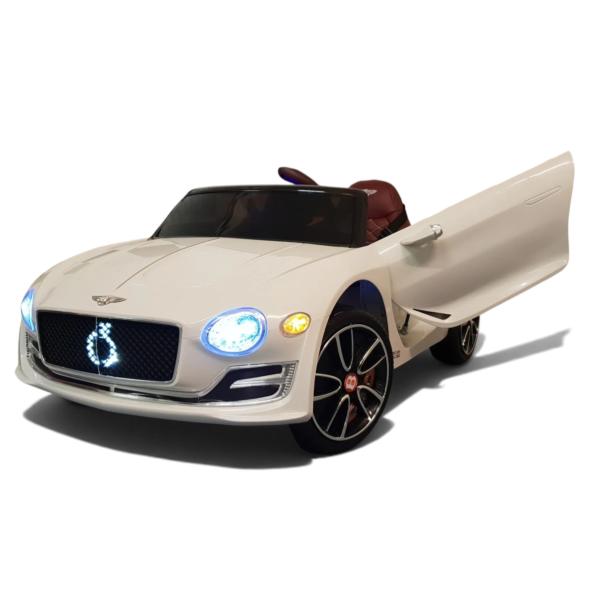 Voiture électrique enfant Petit Pilote Bentley EXP blanche avec porte ouverte, phares LED et siège en simili cuir