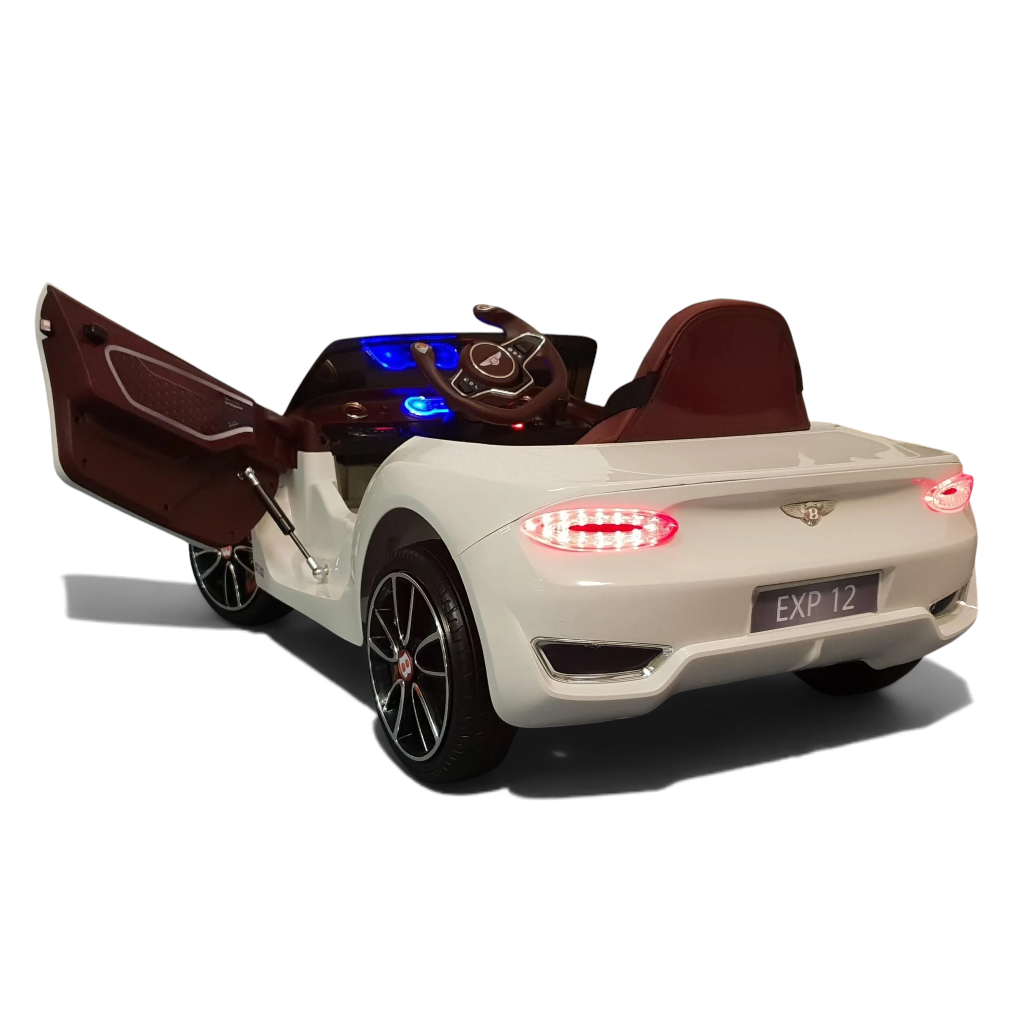 Voiture électrique enfant Petit Pilote Bentley EXP blanche avec portes papillon, siège en cuir et feux arrière allumés