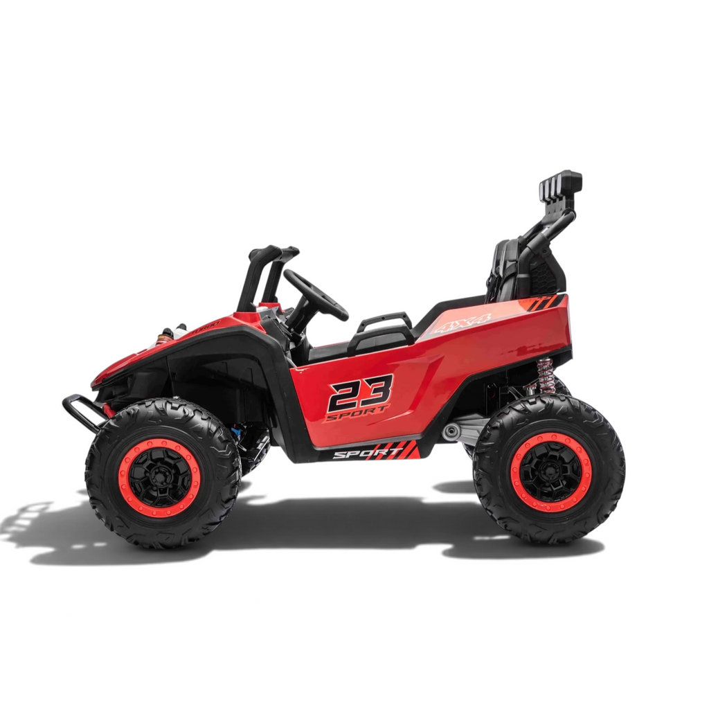 Buggy électrique enfant Petit Pilote Patrol 24V rouge deux places avec pneus caoutchouc et suspensions tout-terrain