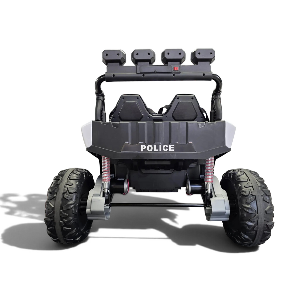 Vue arrière du buggy électrique Petit Pilote Police Patrol 24V noir et blanc avec suspensions visibles et pneus tout-terrain