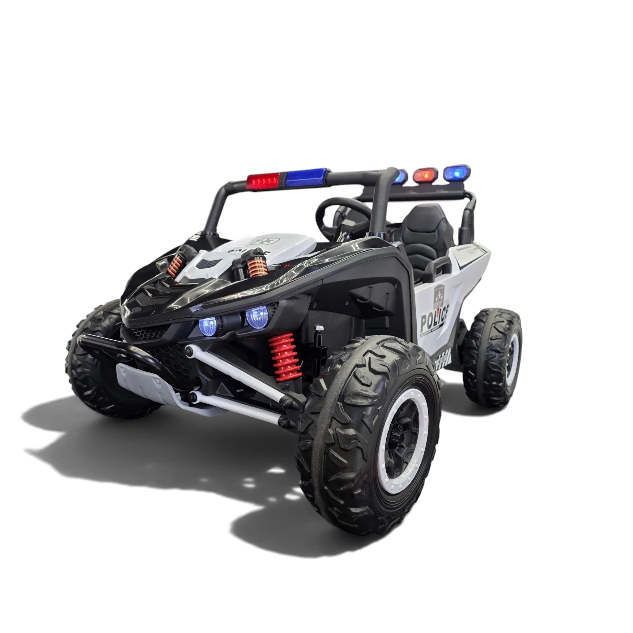 Buggy électrique enfant Petit Pilote Police Patrol 24V noir et blanc avec gyrophares, pneus tout-terrain et siège en cuir
