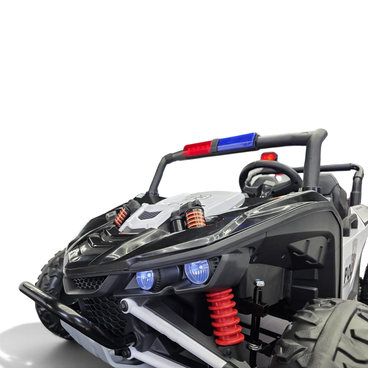 Buggy électrique enfant Petit Pilote Police Patrol noir et blanc avec gyrophares, suspensions rouges et phares LED