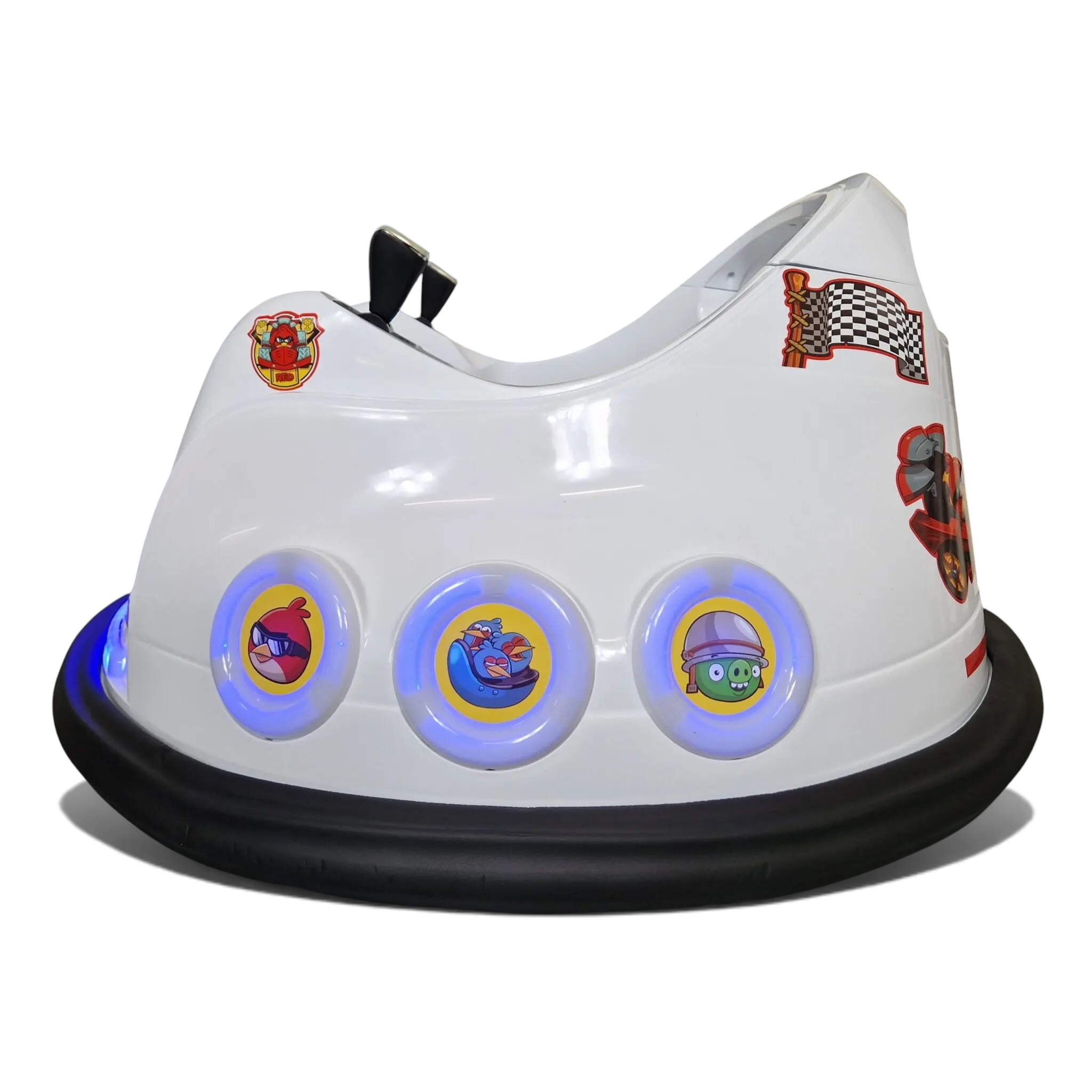 Bumper Car Angry Birds blanche Petit Pilote avec pare-chocs de protection, joysticks et autocollants de personnages