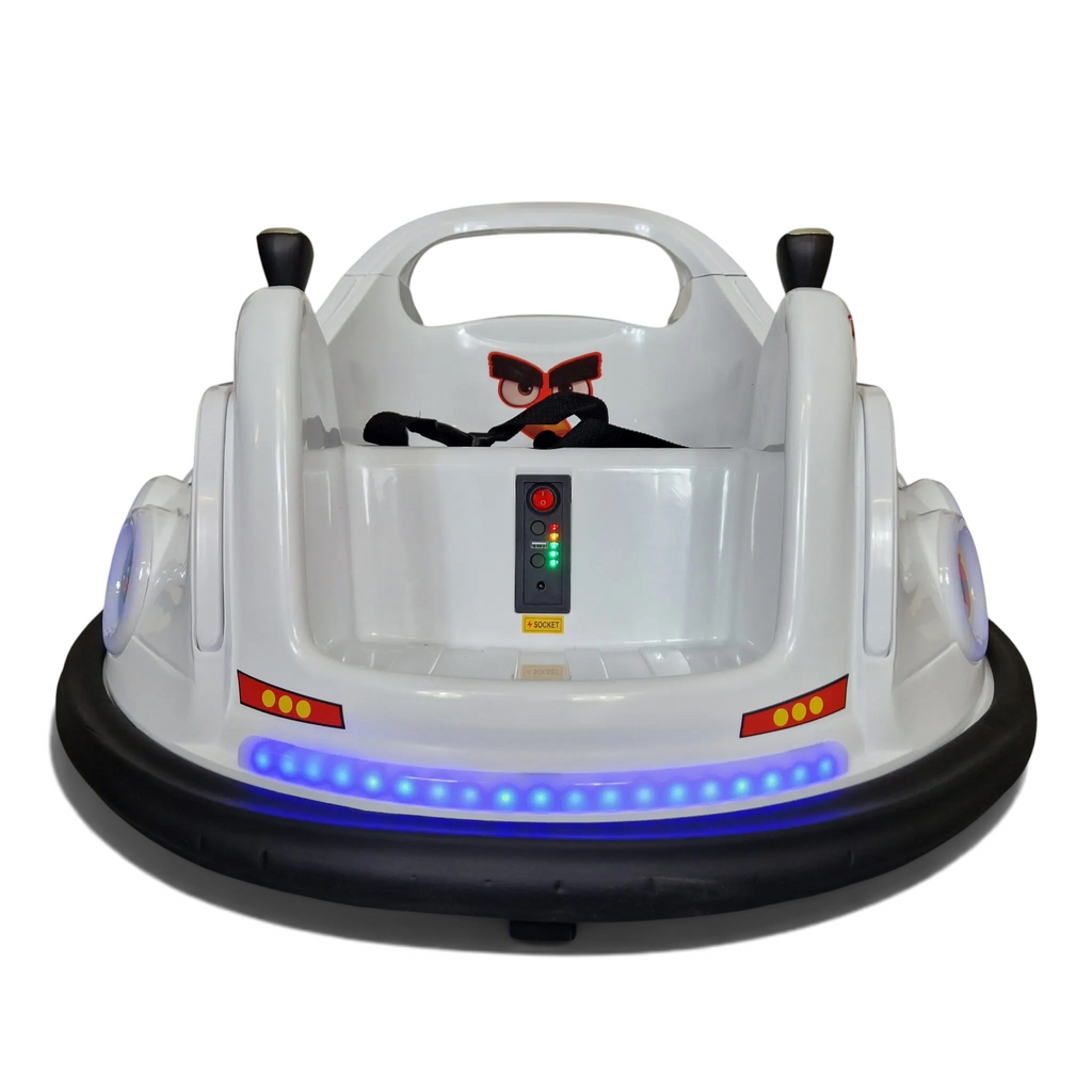 Bumper car électrique Petit Pilote Angry Birds blanche avec pare-chocs de protection, lumières LED et ceinture de sécurité