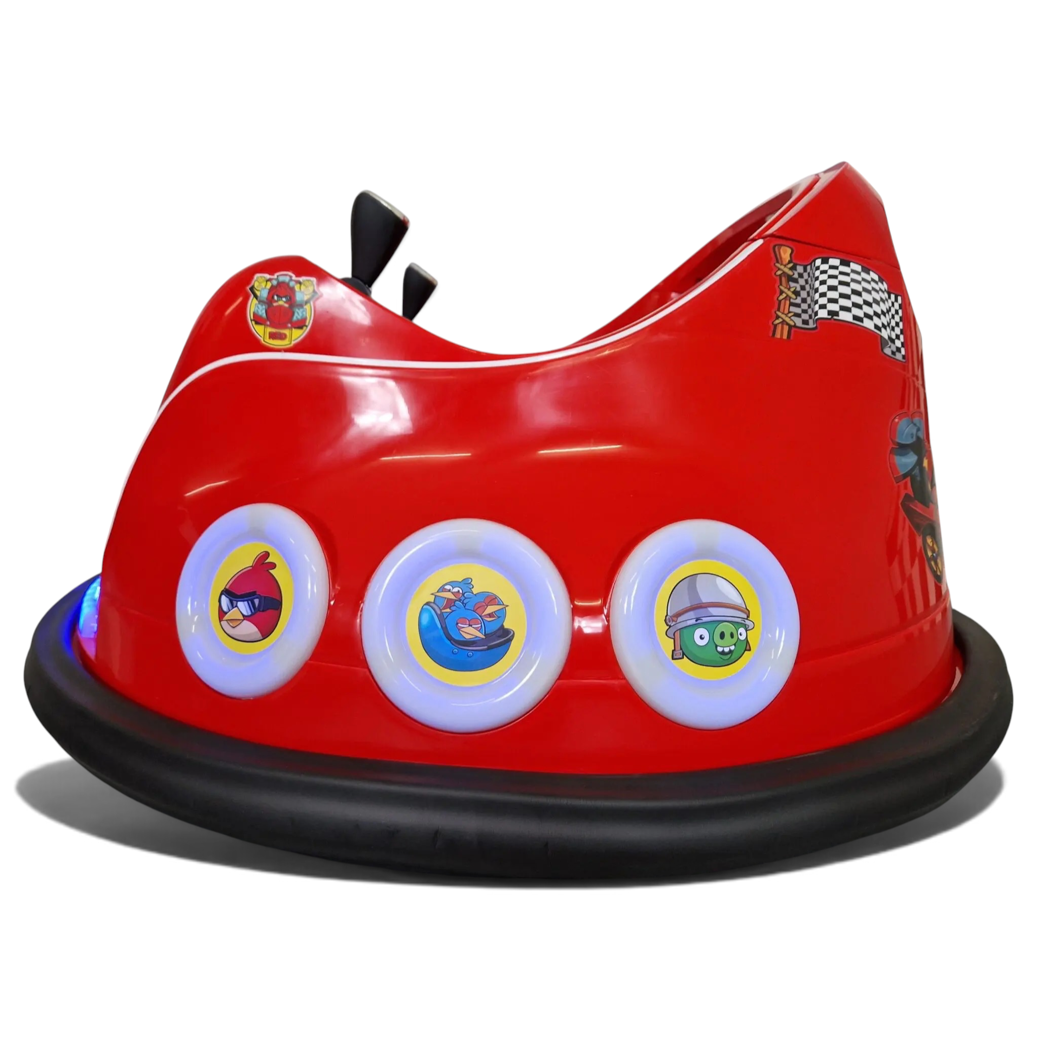 Bumper Car Angry Birds 6V rouge Petit Pilote avec pare-chocs en caoutchouc, joysticks et décorations Angry Birds.