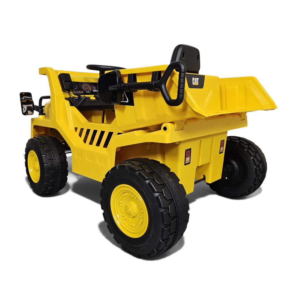 Camion benne électrique Petit Pilote Caterpillar jaune pour enfant avec pneus robustes et détails réalistes