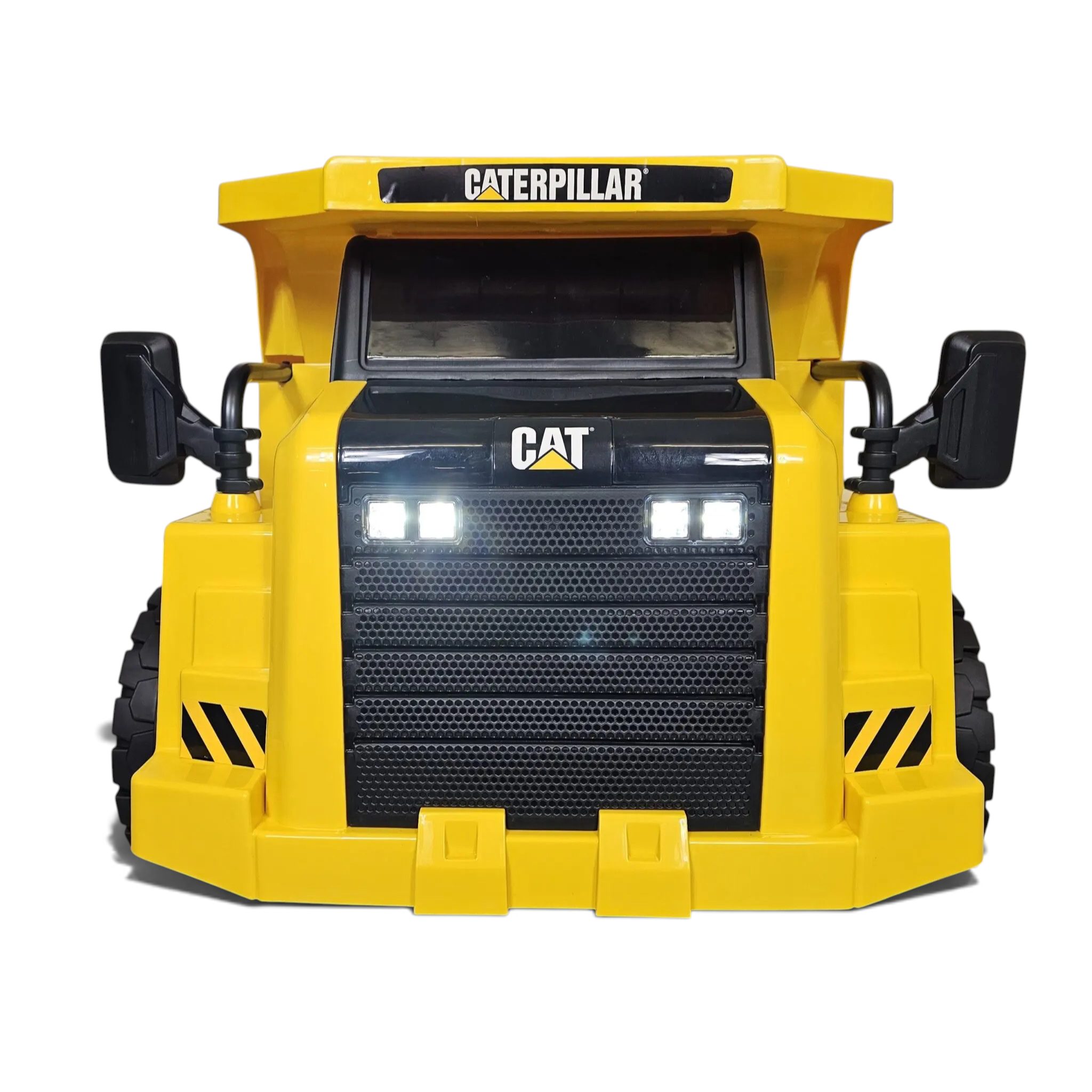 Camion benne électrique Petit Pilote Caterpillar jaune pour enfant avec phares LED allumés et détails noirs réalistes