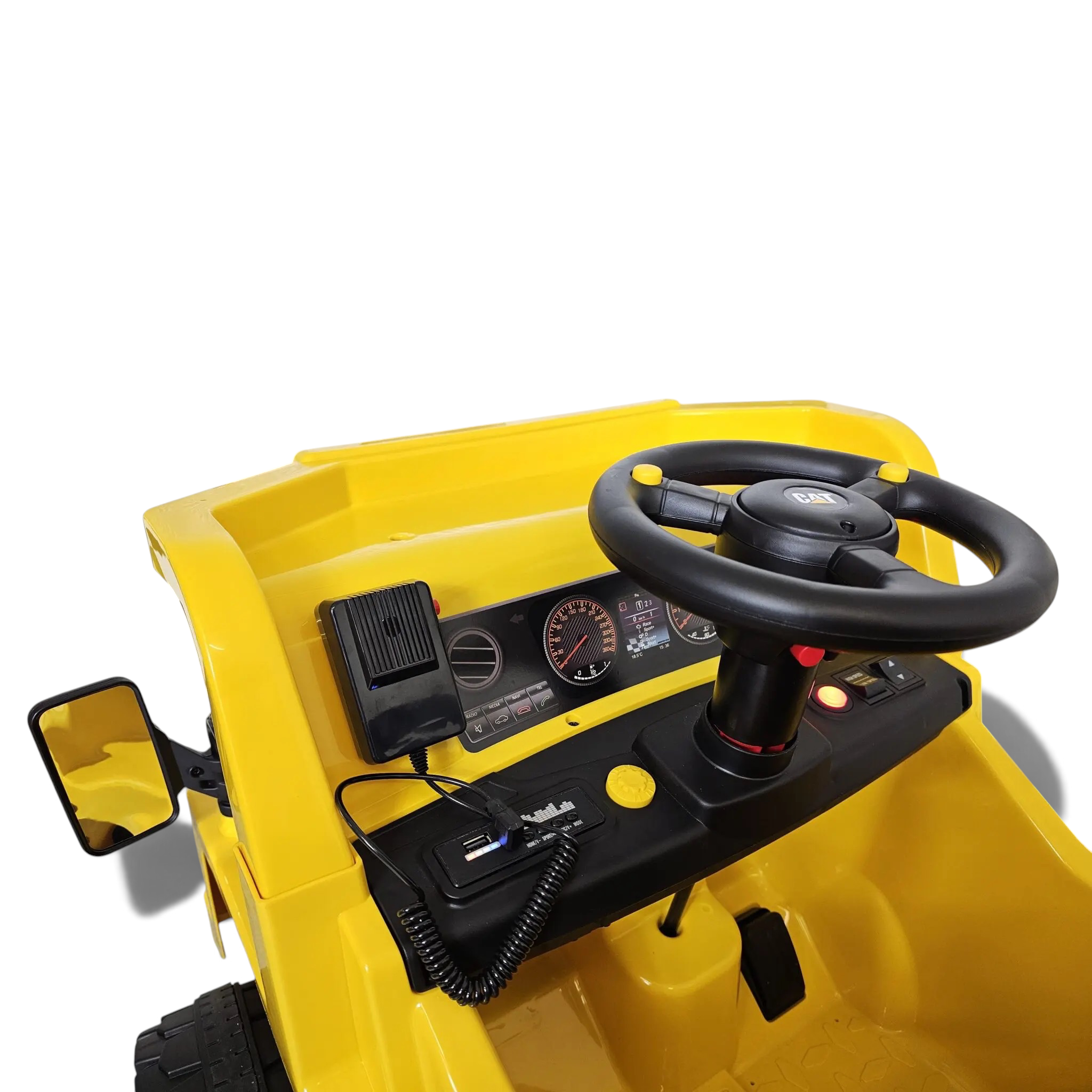 Poste de conduite du camion benne électrique Petit Pilote Caterpillar jaune avec volant, tableau de bord et micro