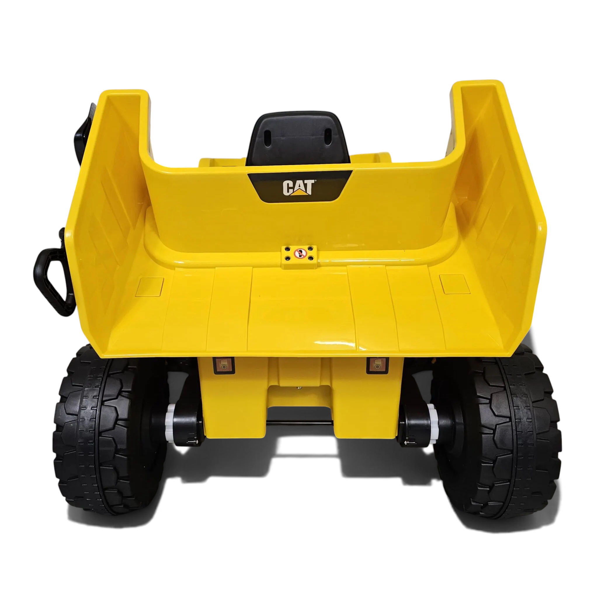 Vue arrière du camion benne électrique enfant Petit Pilote Caterpillar jaune avec pneus robustes et logo CAT