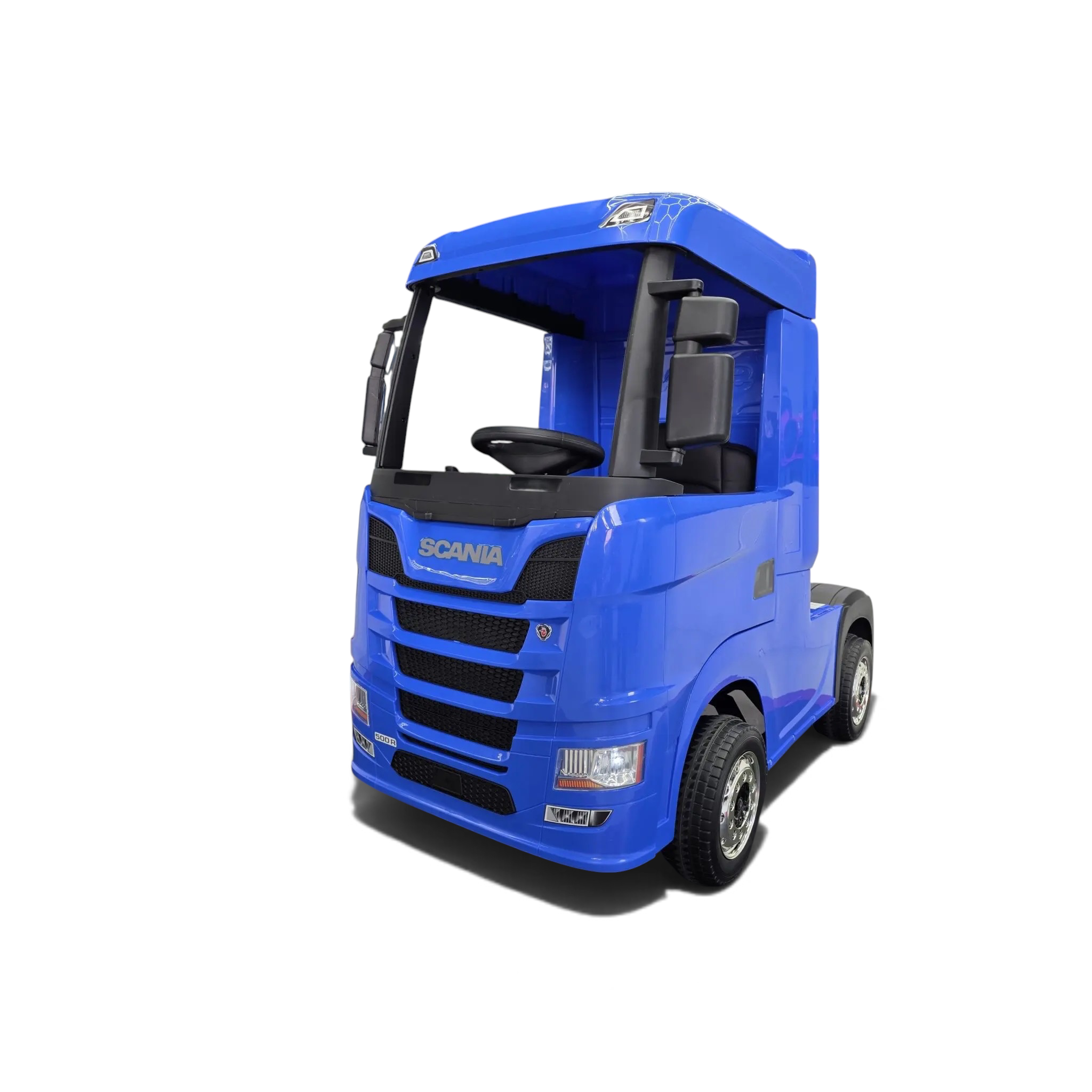 Camion électrique enfant Scania 24V bleu Petit Pilote avec phares fonctionnels et pneus en caoutchouc dans un showroom