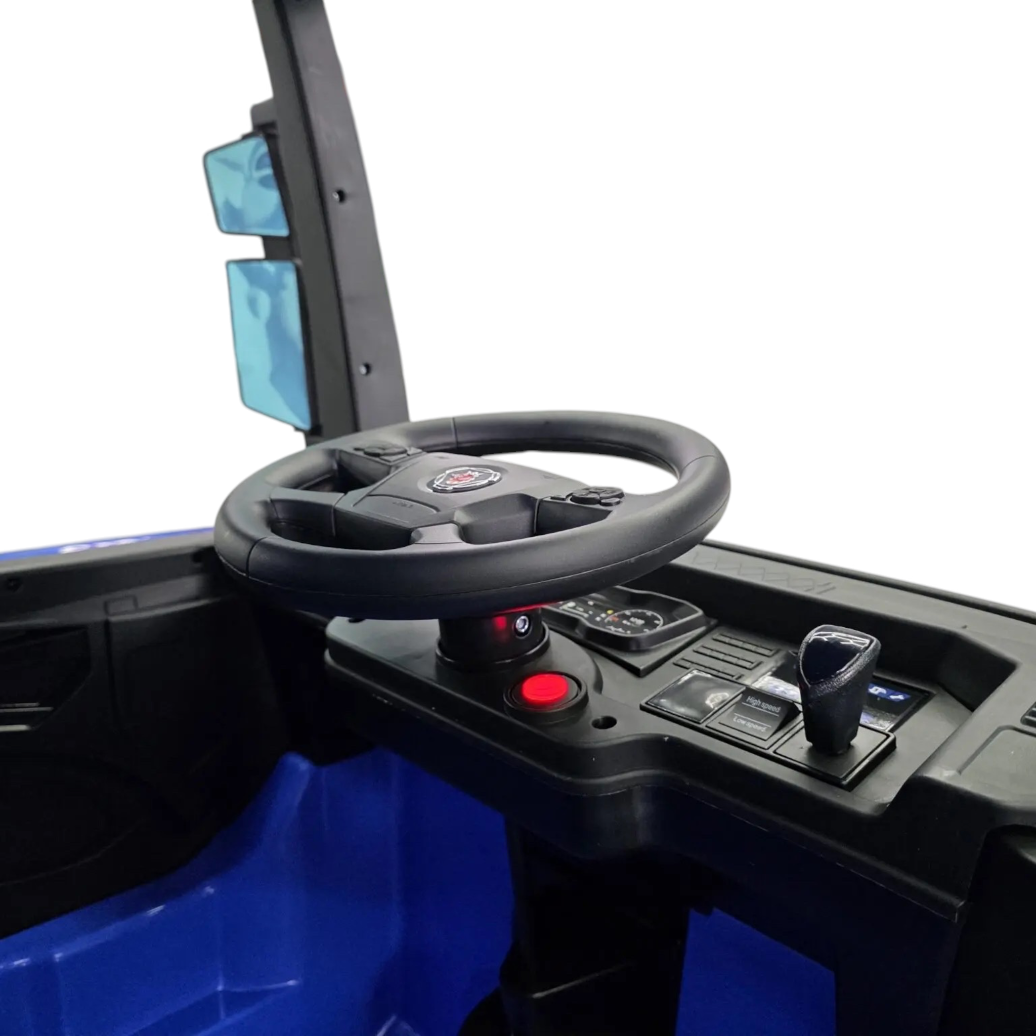 Vue intérieure du poste de conduite du camion électrique enfant Odecare Scania bleu avec volant et tableau de bord
