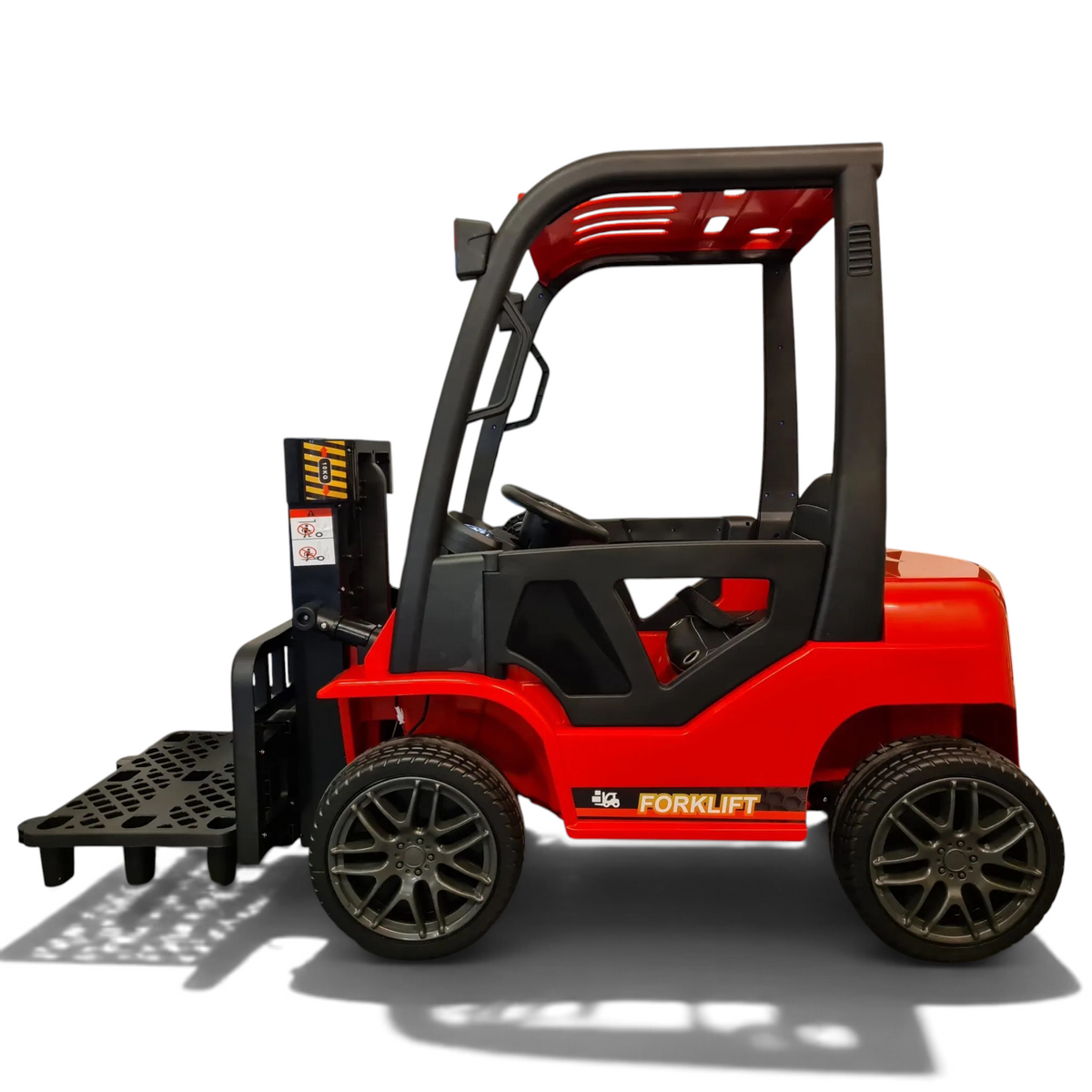 Chariot élévateur électrique Petit Pilote rouge pour enfant avec fourche fonctionnelle, siège en cuir et pneus robustes