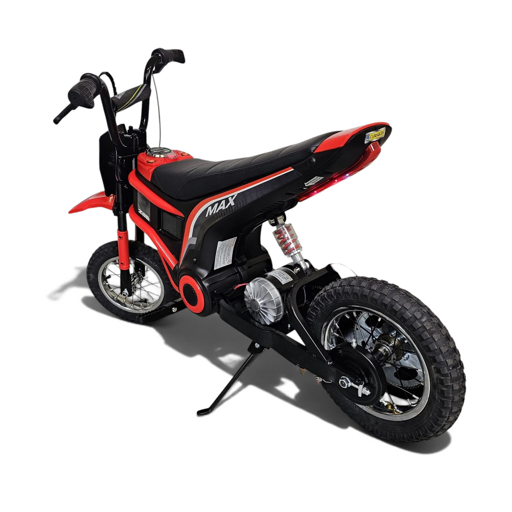 Dirt bike électrique enfant Petit Pilote rouge 24V avec siège en cuir, pneus à air et suspension pour tout-terrain