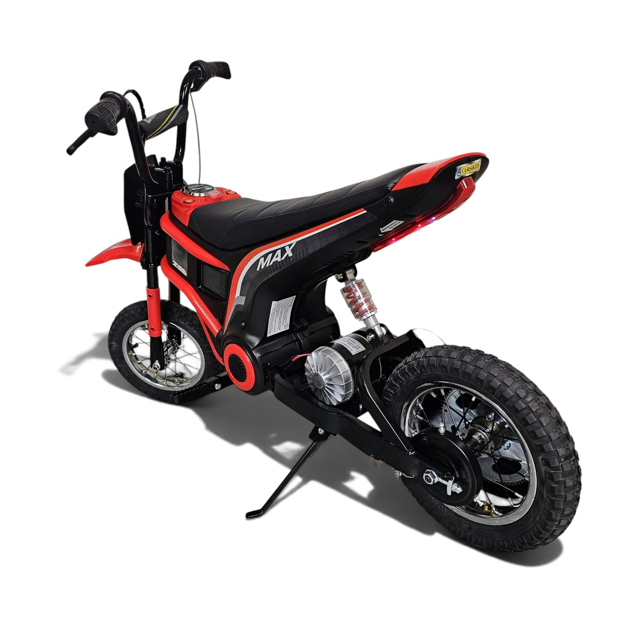 Dirt bike électrique enfant Petit Pilote rouge 24V avec siège en cuir, pneus à air et suspension pour tout-terrain