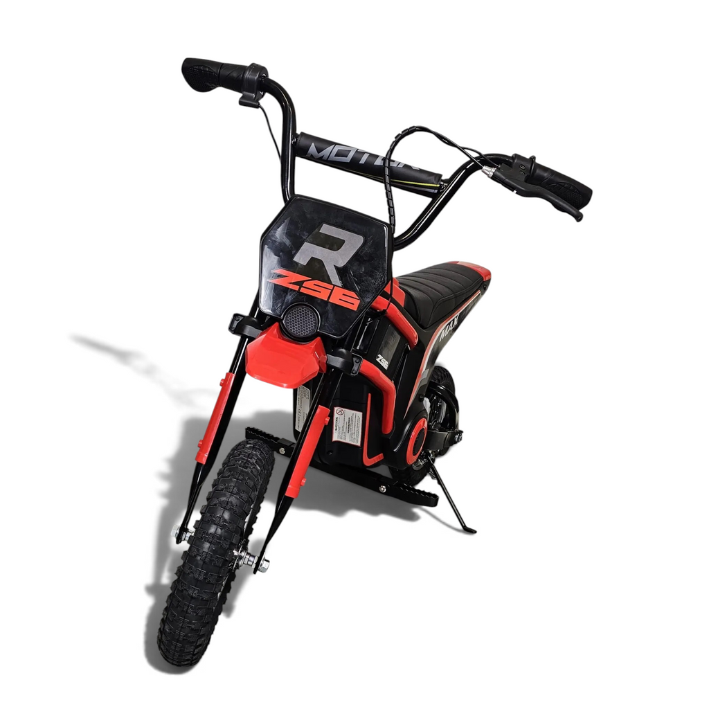 Dirt bike électrique enfant Petit Pilote rouge 24V avec pneus tout-terrain, siège en cuir et phares fonctionnels