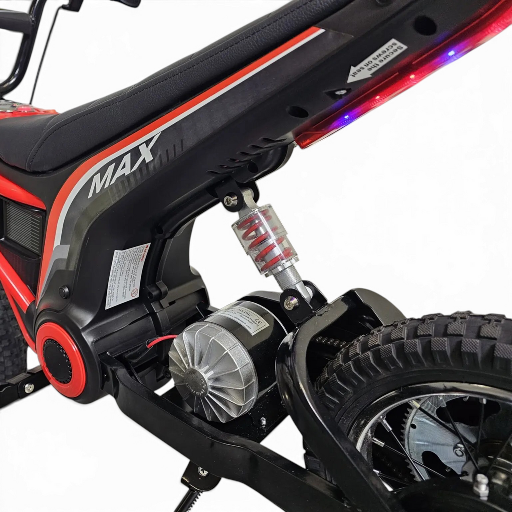 Dirt bike électrique enfant Petit Pilote rouge 24V avec moteur 350W, suspension arrière et pneus tout-terrain