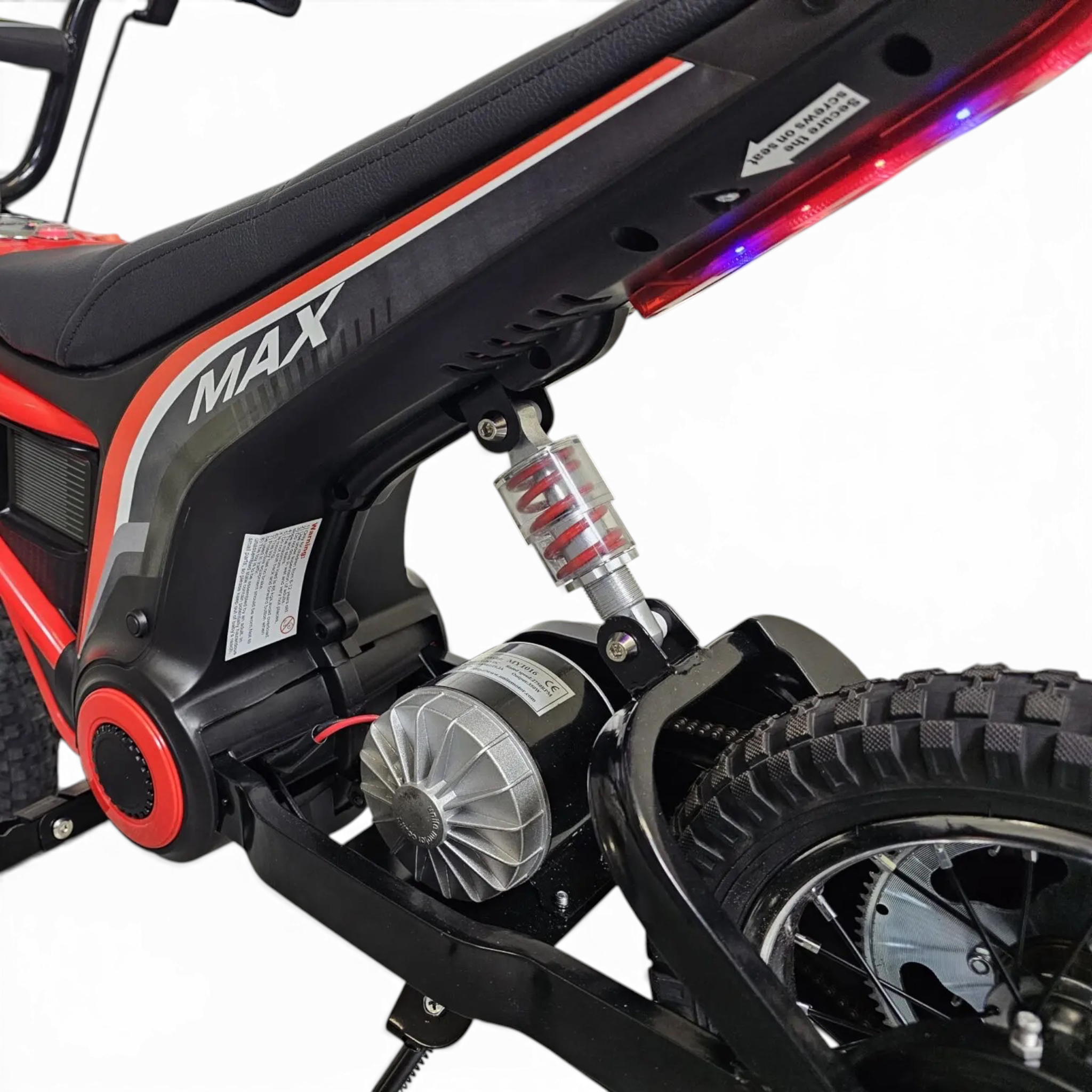 Dirt bike électrique enfant Petit Pilote rouge 24V avec moteur 350W, suspension arrière et pneus tout-terrain