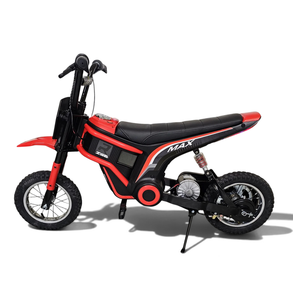 Dirt bike électrique enfant Petit Pilote rouge de 350W avec siège en cuir, pneus à air et suspension pour hors-piste