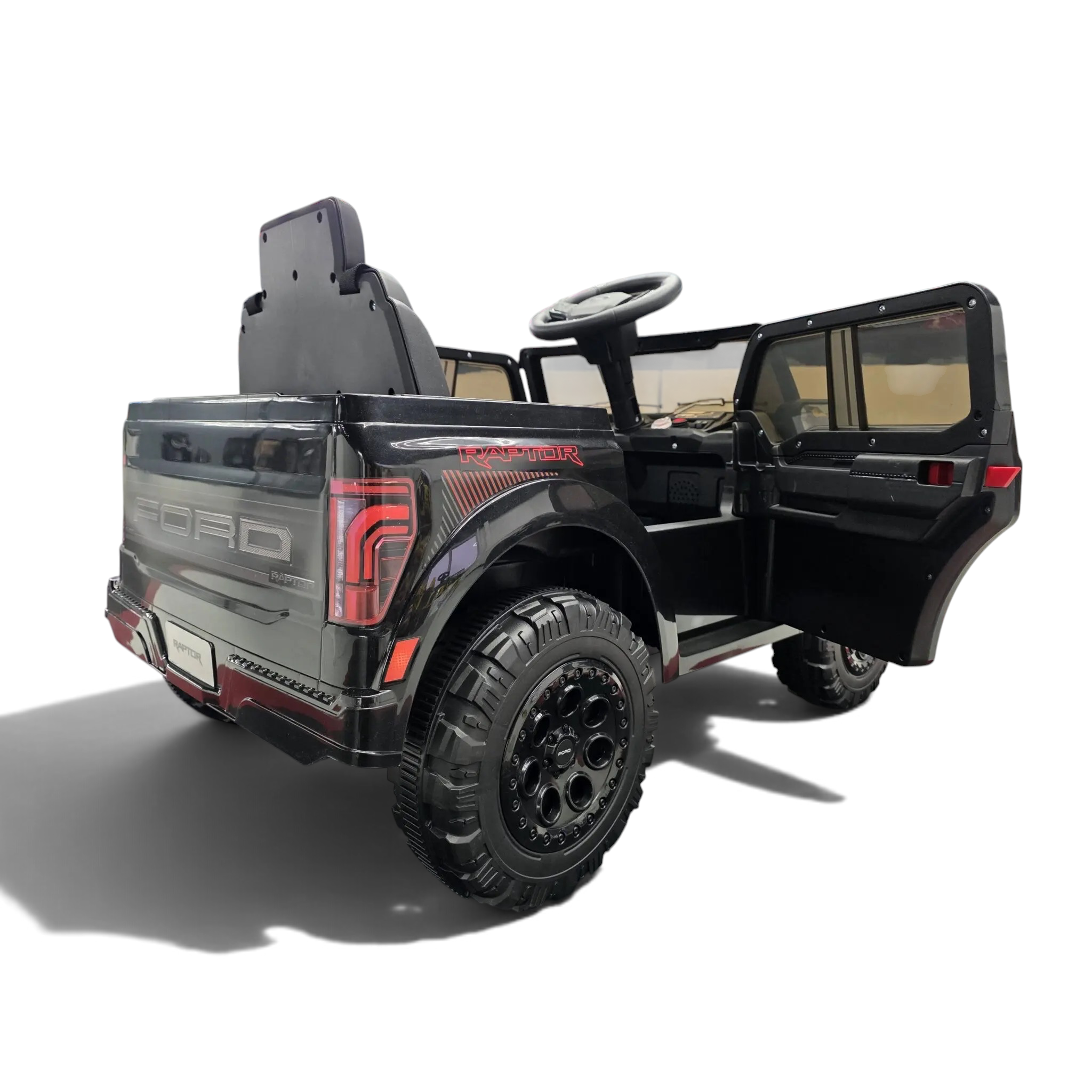 Voiture électrique enfant Petit Pilote Ford Raptor 12V noire, pick-up monoplace avec portes ouvrantes et pneus tout-terrain