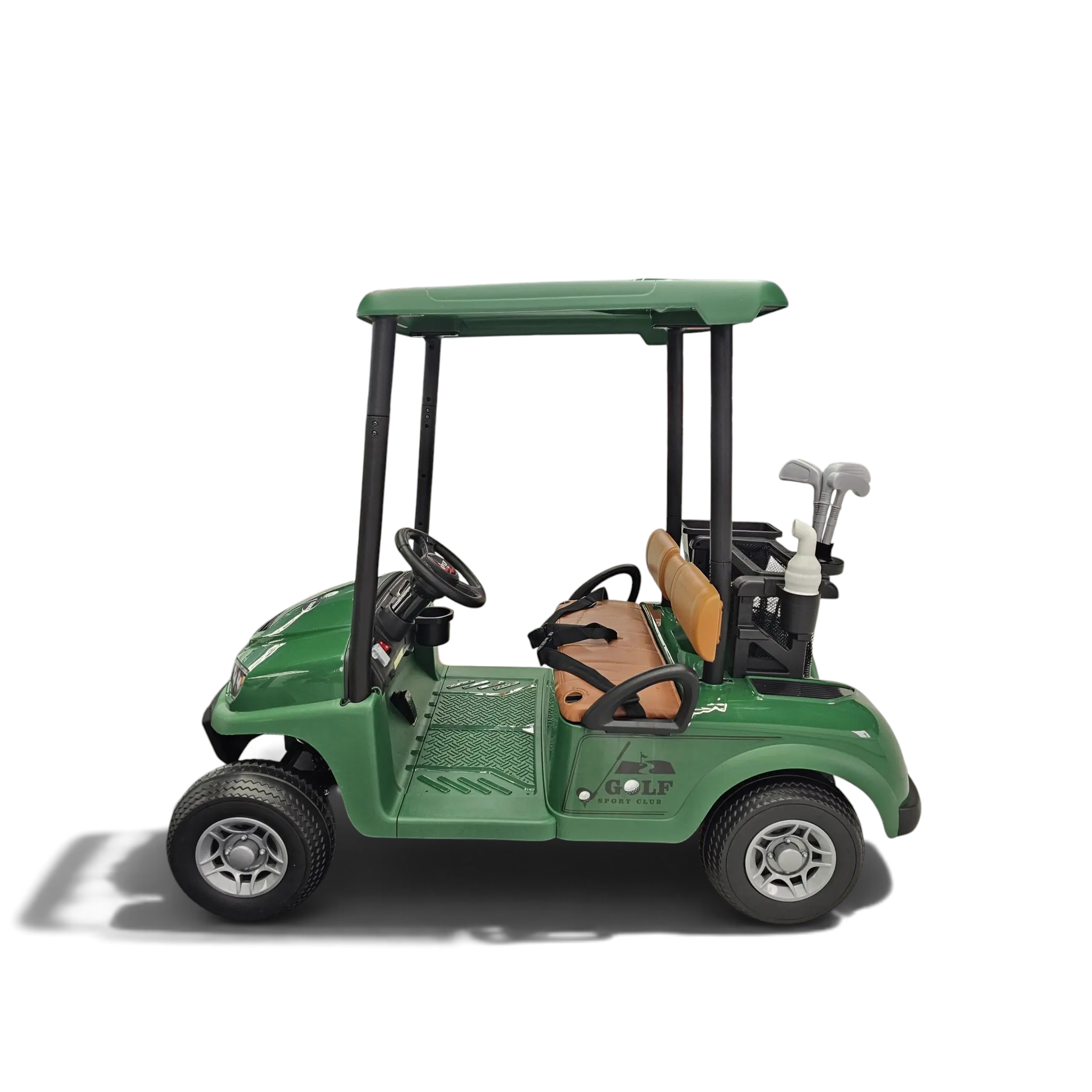 Golf cart électrique pour enfant Petit Pilote vert 2 places avec siège en cuir, clubs de golf et pneus EVA