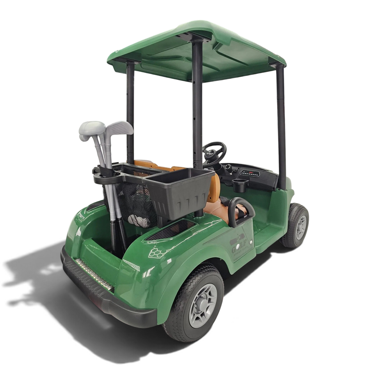 Golf Cart électrique enfant 24V vert Petit Pilote 2 places avec clubs de golf, siège en cuir et pneus EVA