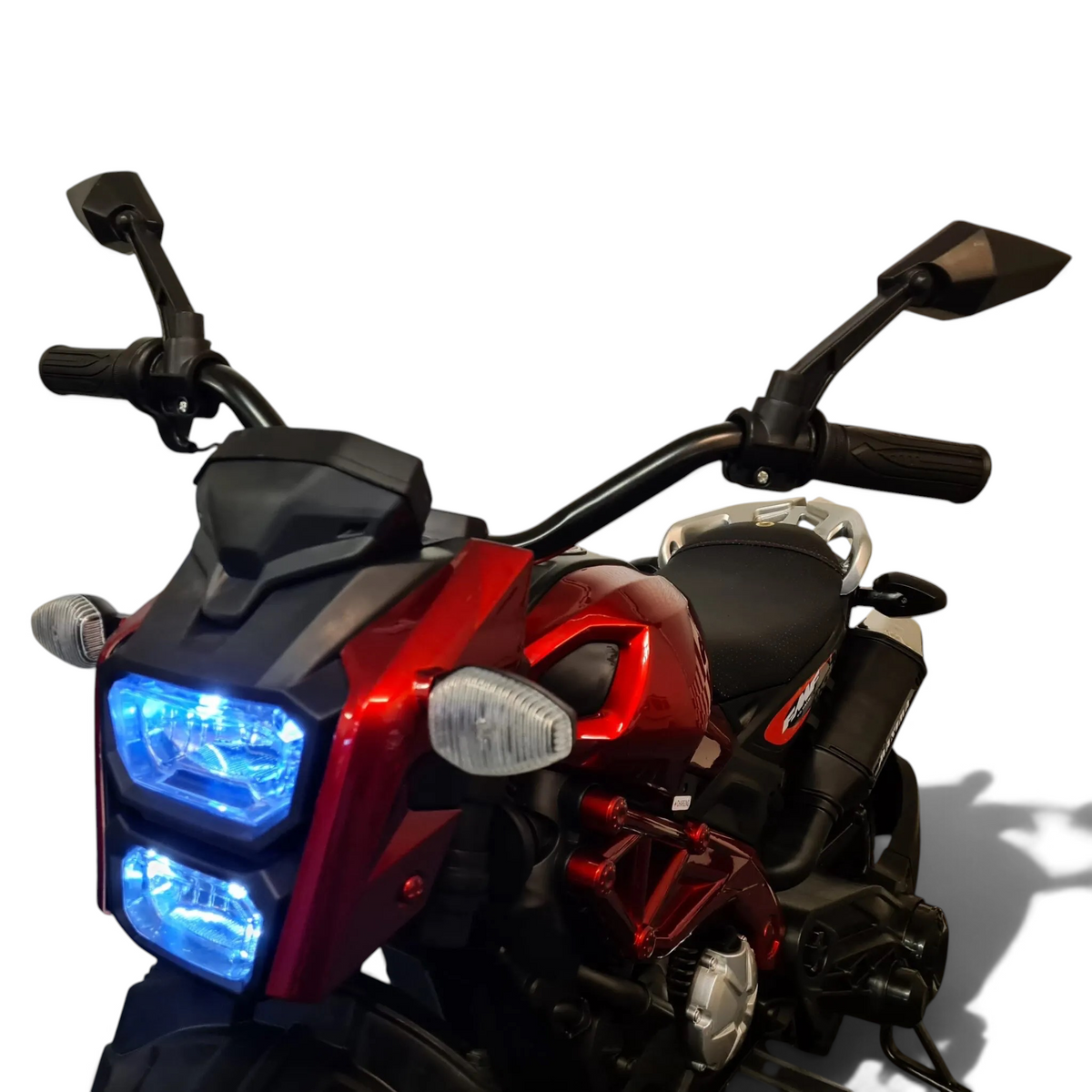 Moto électrique enfant Petit Pilote Grom Superbike rouge métallisé avec phares LED bleus allumés et rétroviseurs