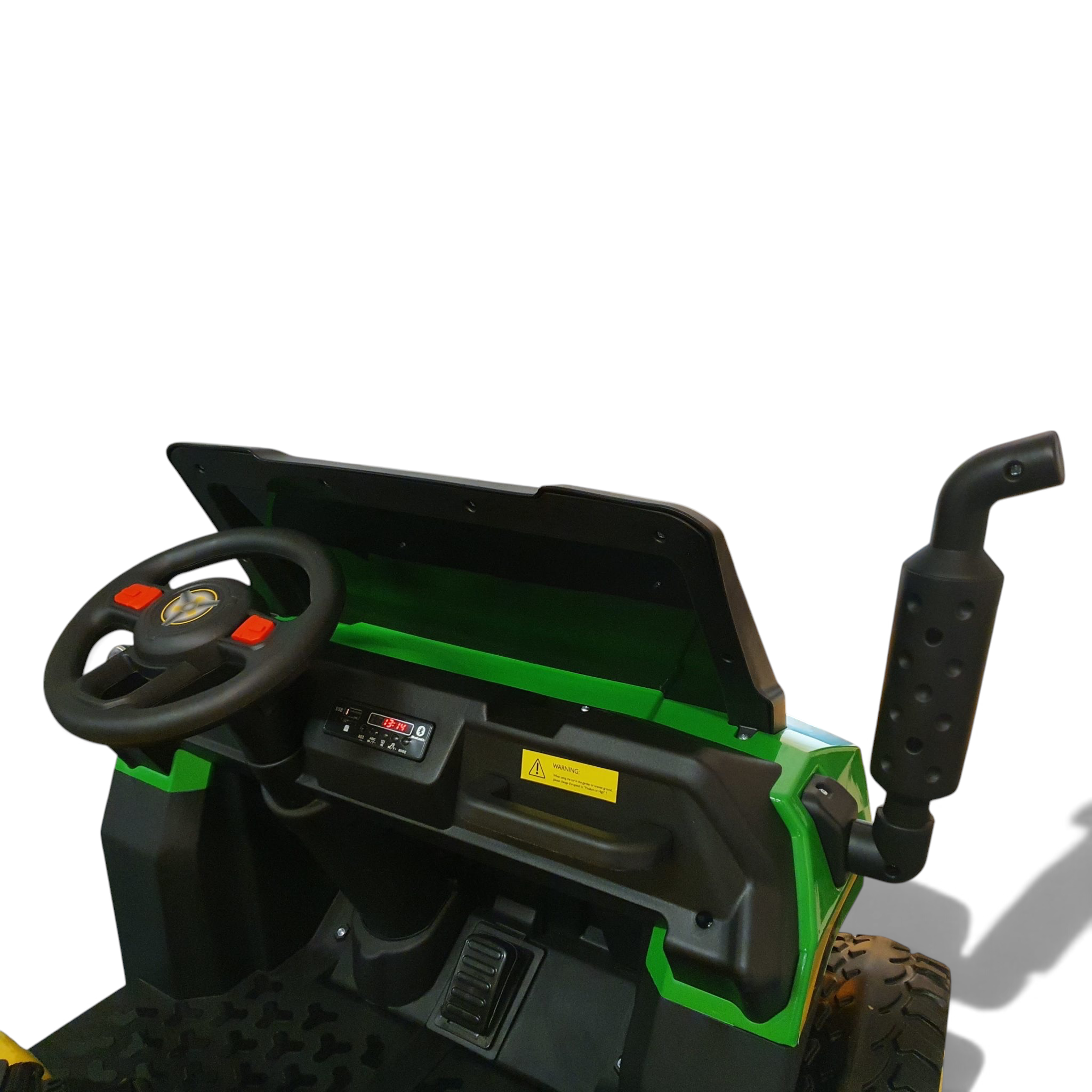 Vue intérieure du poste de conduite de la Jeep électrique enfant Petit Pilote Farmer 4x4 verte avec volant et tableau de bord