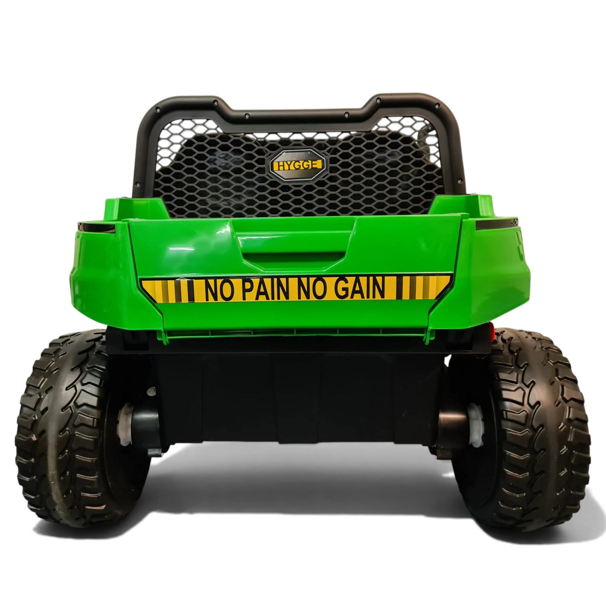 Vue arrière du Jeep électrique enfant Farmer 4x4 24V vert Petit Pilote avec pneus EVA et arceau de sécurité noir