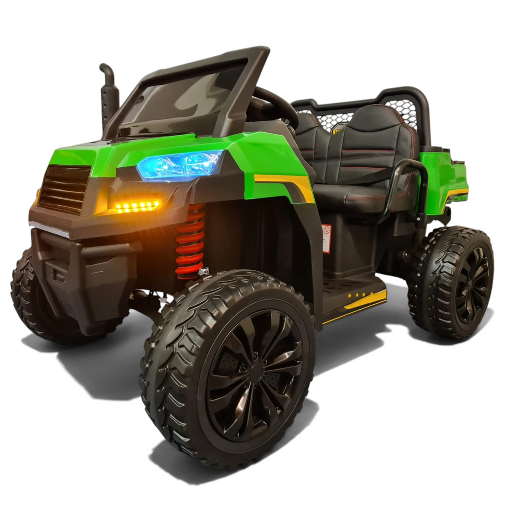 Jeep électrique enfant Petit Pilote Farmer 4x4 verte 2 places avec phares LED, pneus EVA et siège en cuir confortable