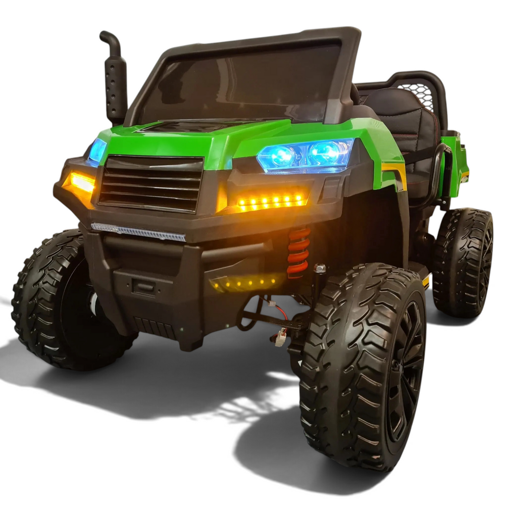 Jeep électrique enfant Petit Pilote Farmer 4x4 verte 2 places avec phares LED allumés et pneus EVA tout-terrain