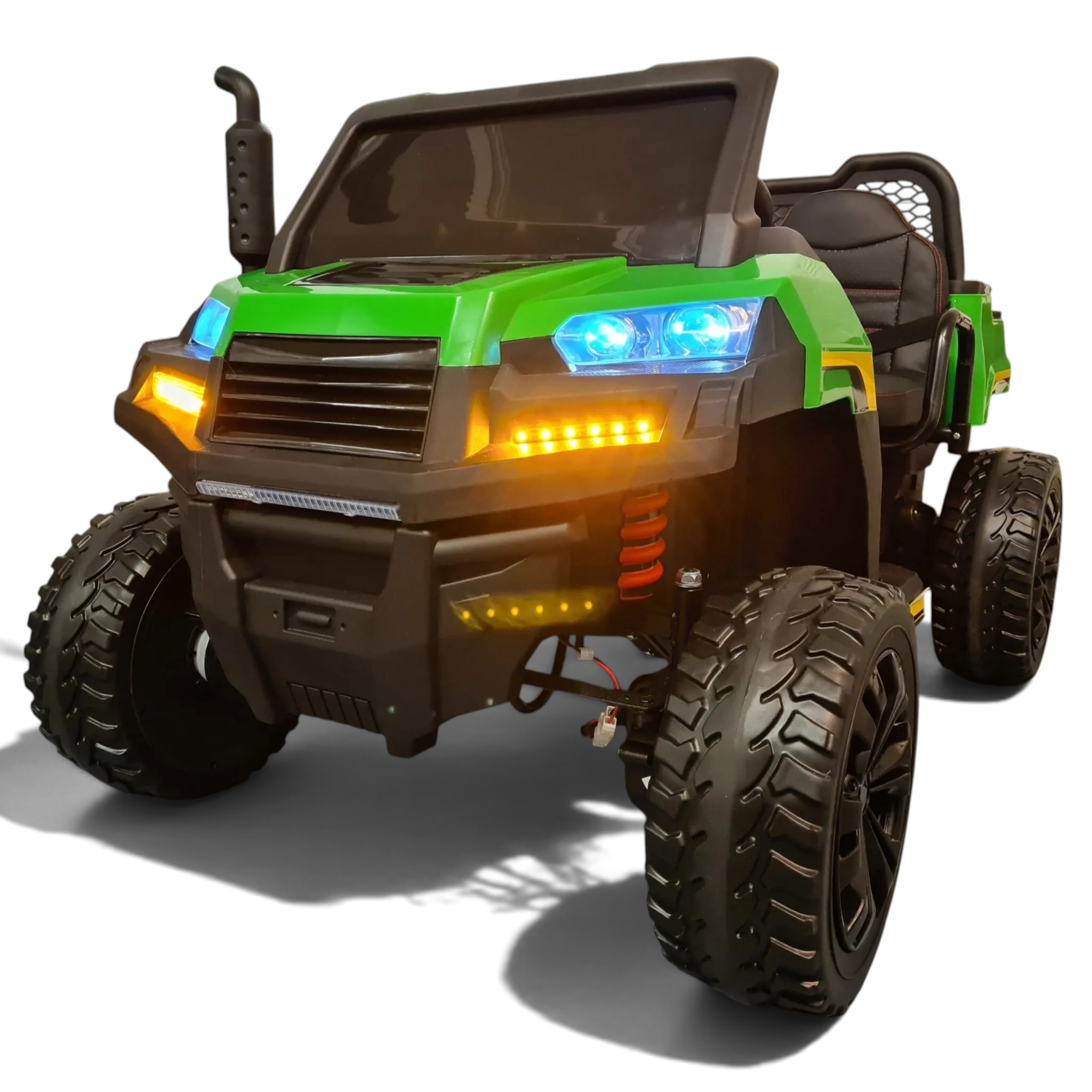 Jeep électrique enfant Petit Pilote Farmer 4x4 verte 2 places avec phares LED allumés et pneus EVA tout-terrain