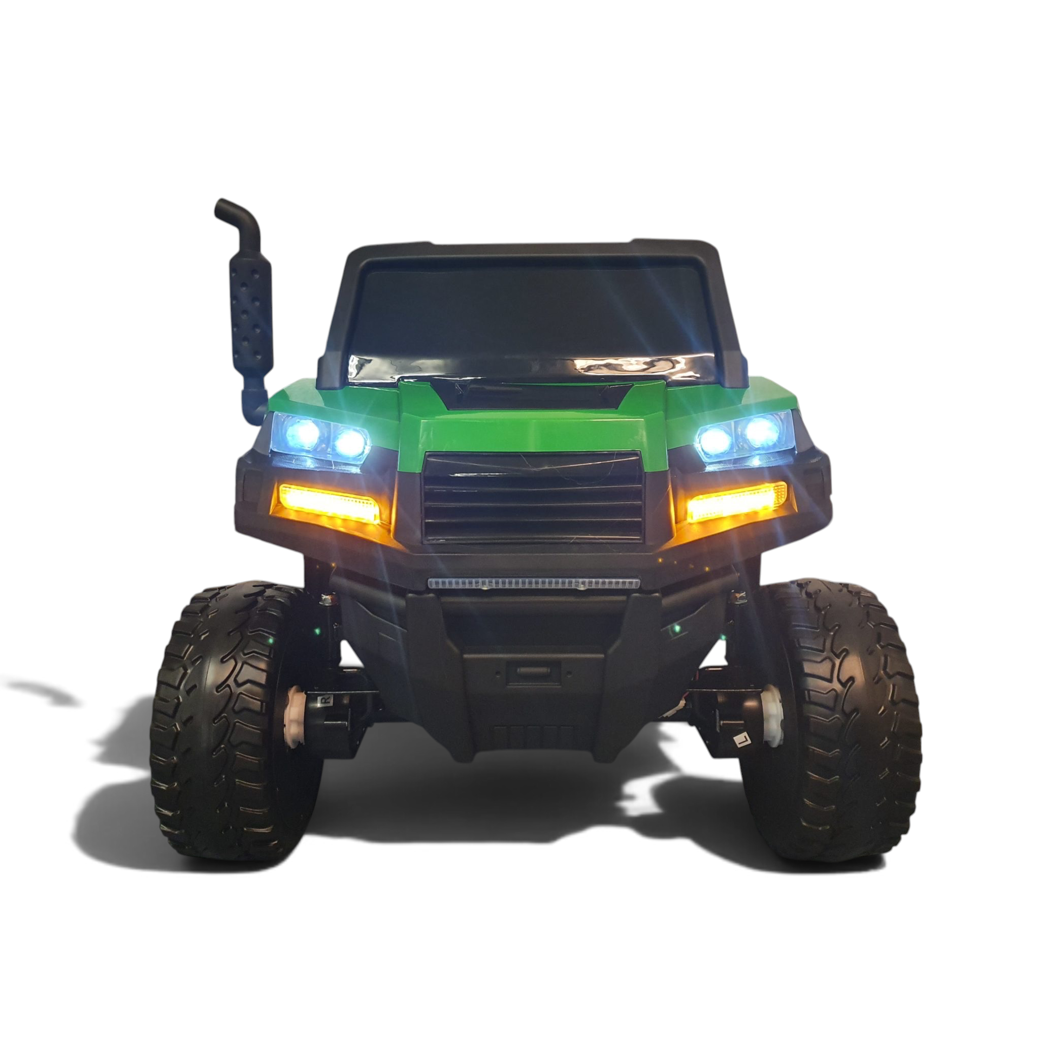Jeep électrique enfant Petit Pilote Farmer 4x4 verte 2 places avec phares LED allumés et pneus tout-terrain robustes