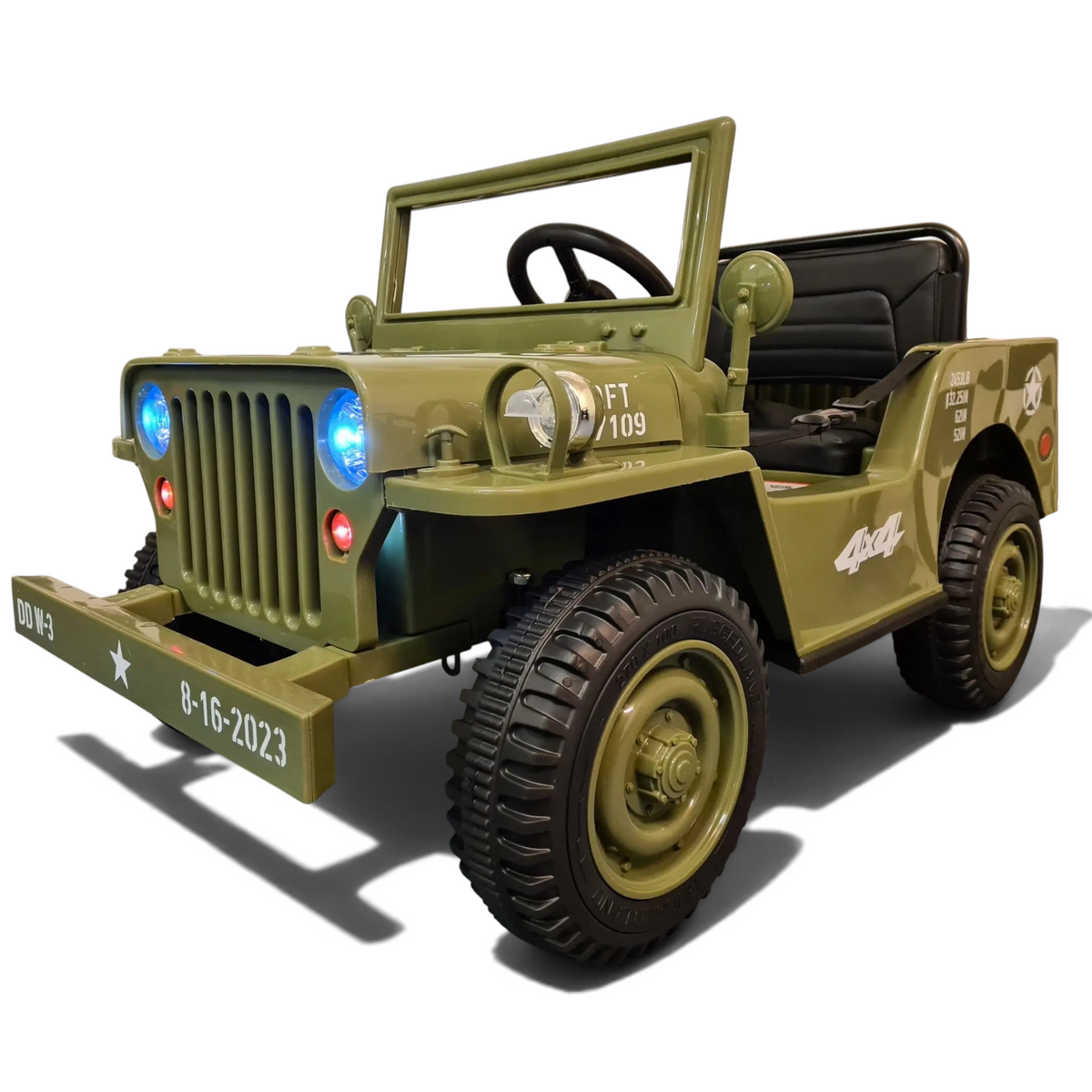 Jeep Willy électrique Petit Pilote pour enfant vert militaire avec phares LED, pneus EVA et siège en simili cuir