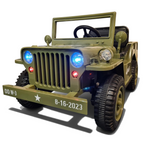 Jeep Willy électrique Petit Pilote pour enfant vert militaire avec phares LED allumés et pneus EVA robustes
