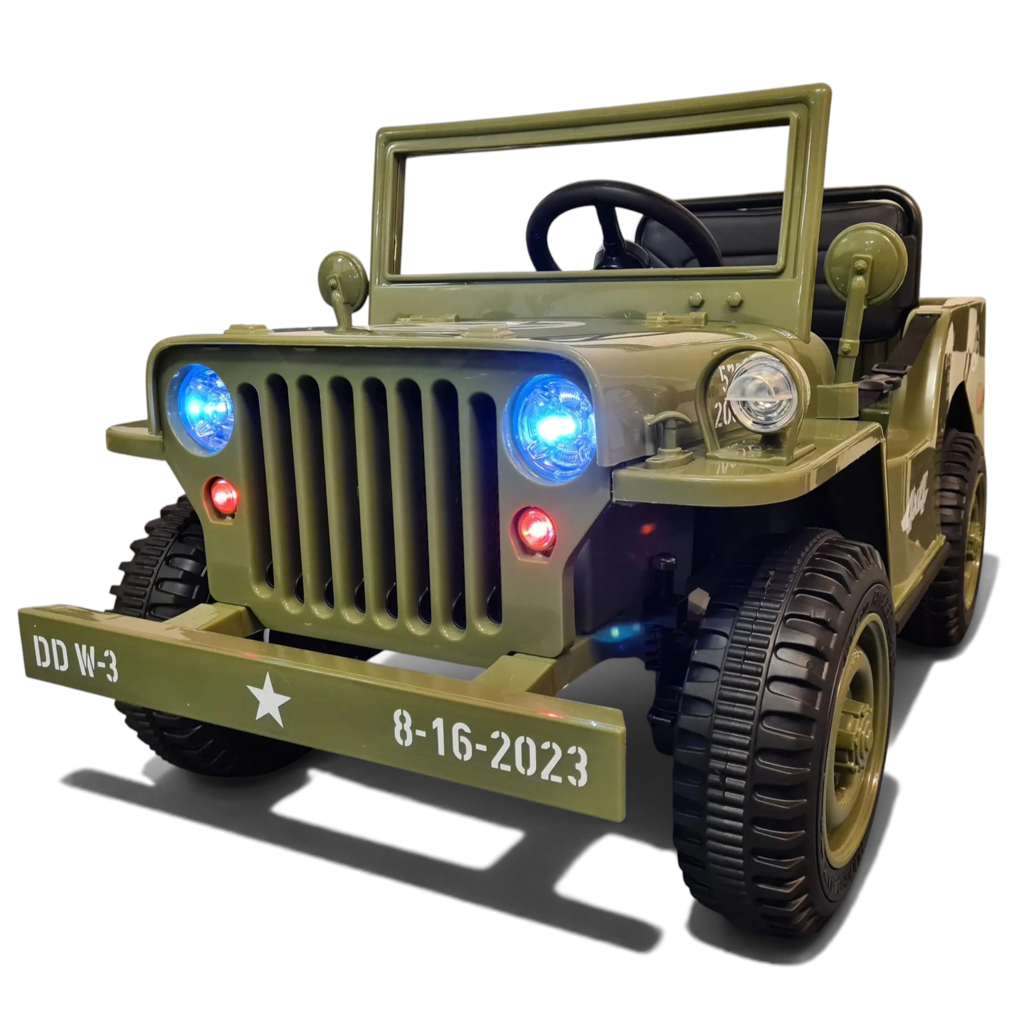Jeep Willy électrique Petit Pilote pour enfant vert militaire avec phares LED allumés et pneus EVA robustes