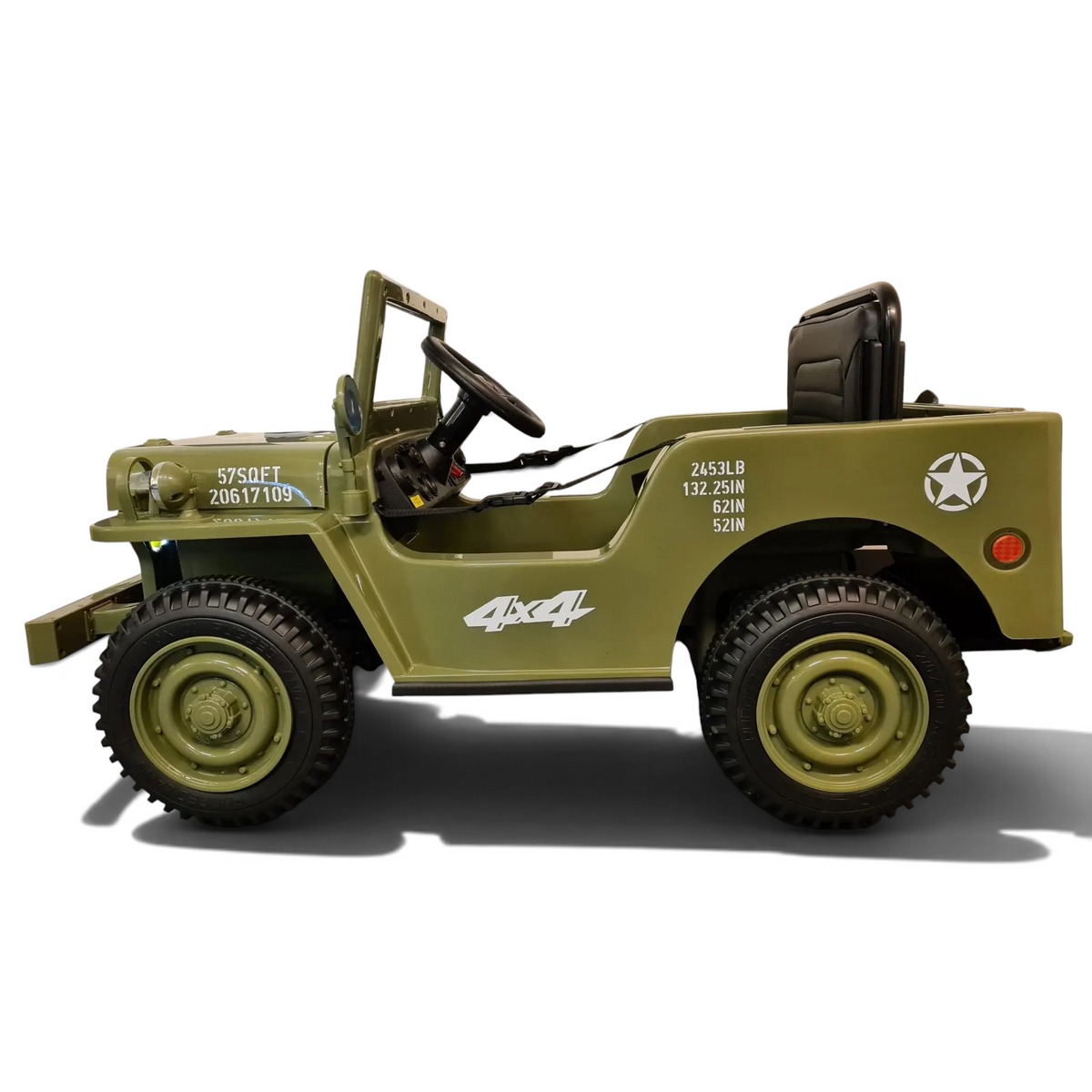 Jeep Willy électrique Petit Pilote pour enfant, couleur vert militaire avec marquages 4x4, pneus EVA et siège en cuir