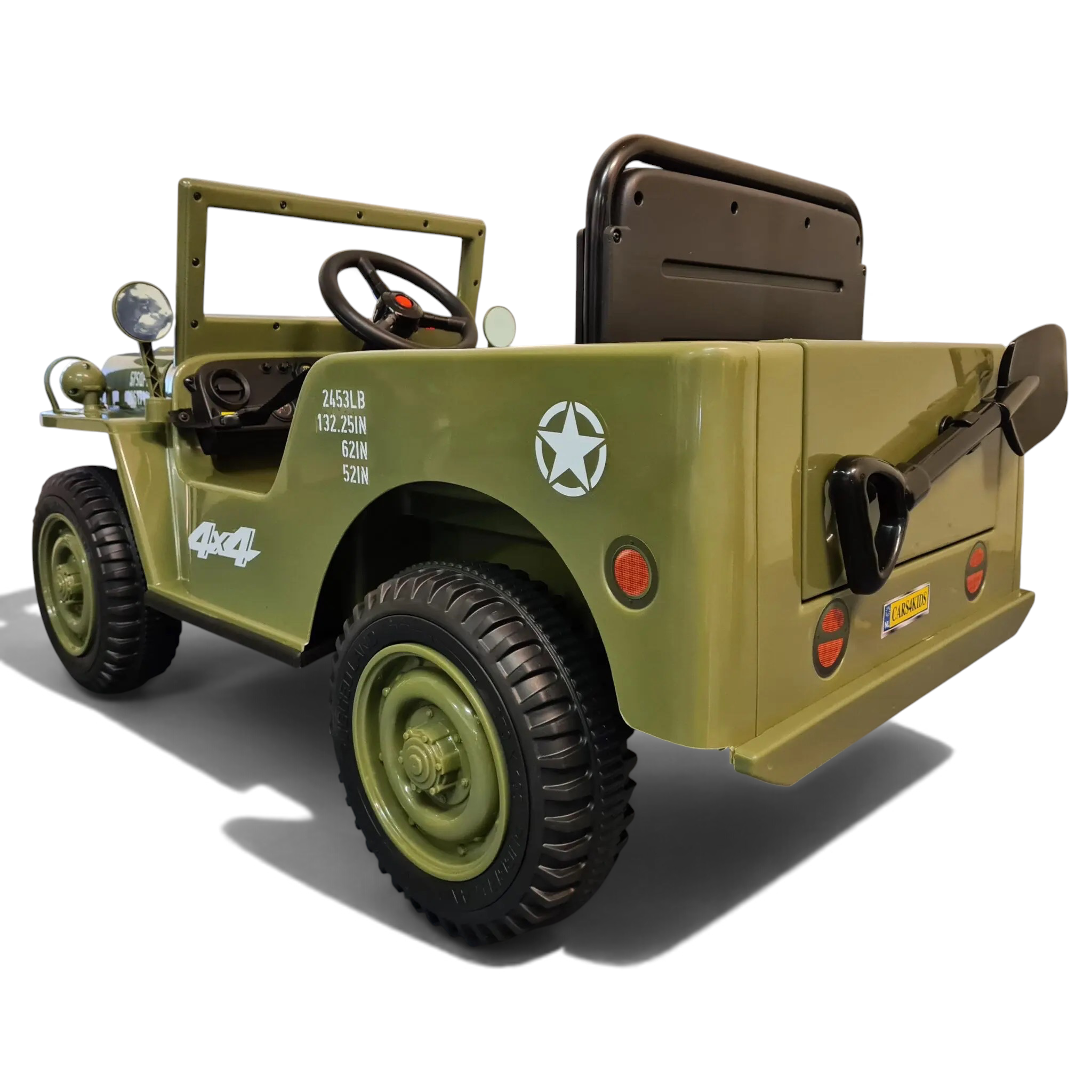 Jeep Willy électrique Petit Pilote pour enfant en vert militaire avec pneus EVA, détails 4x4 et pelle arrière
