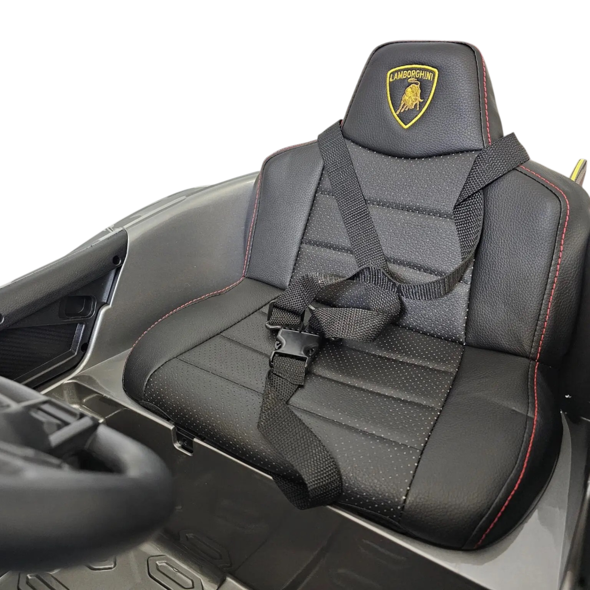 Siège baquet en cuir noir avec harnais de sécurité dans la voiture électrique enfant Petit Pilote Lamborghini Auténtica