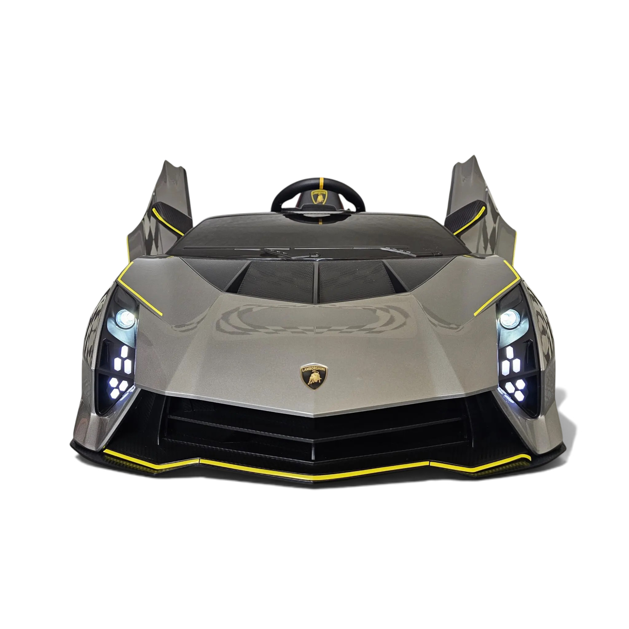 Voiture électrique enfant Petit Pilote Lamborghini Auténtica gris métallisé avec portes papillon et phares LED allumés