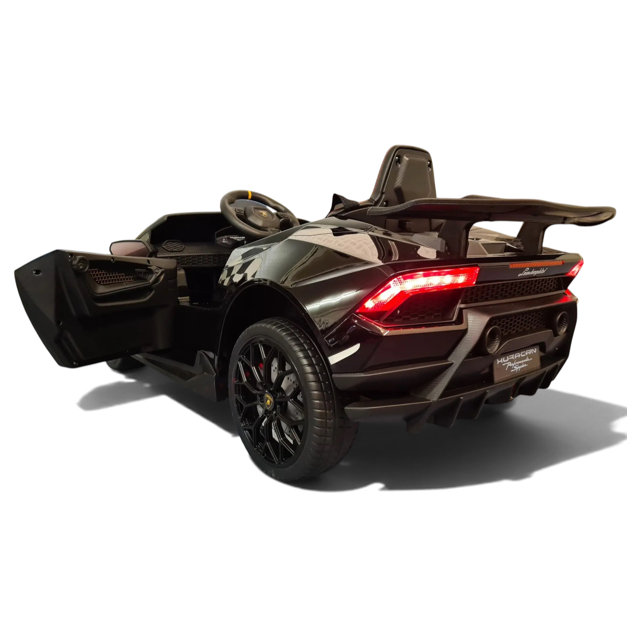 Voiture électrique enfant Petit Pilote Lamborghini Huracán noire métallisée avec siège en cuir et pneus en caoutchouc