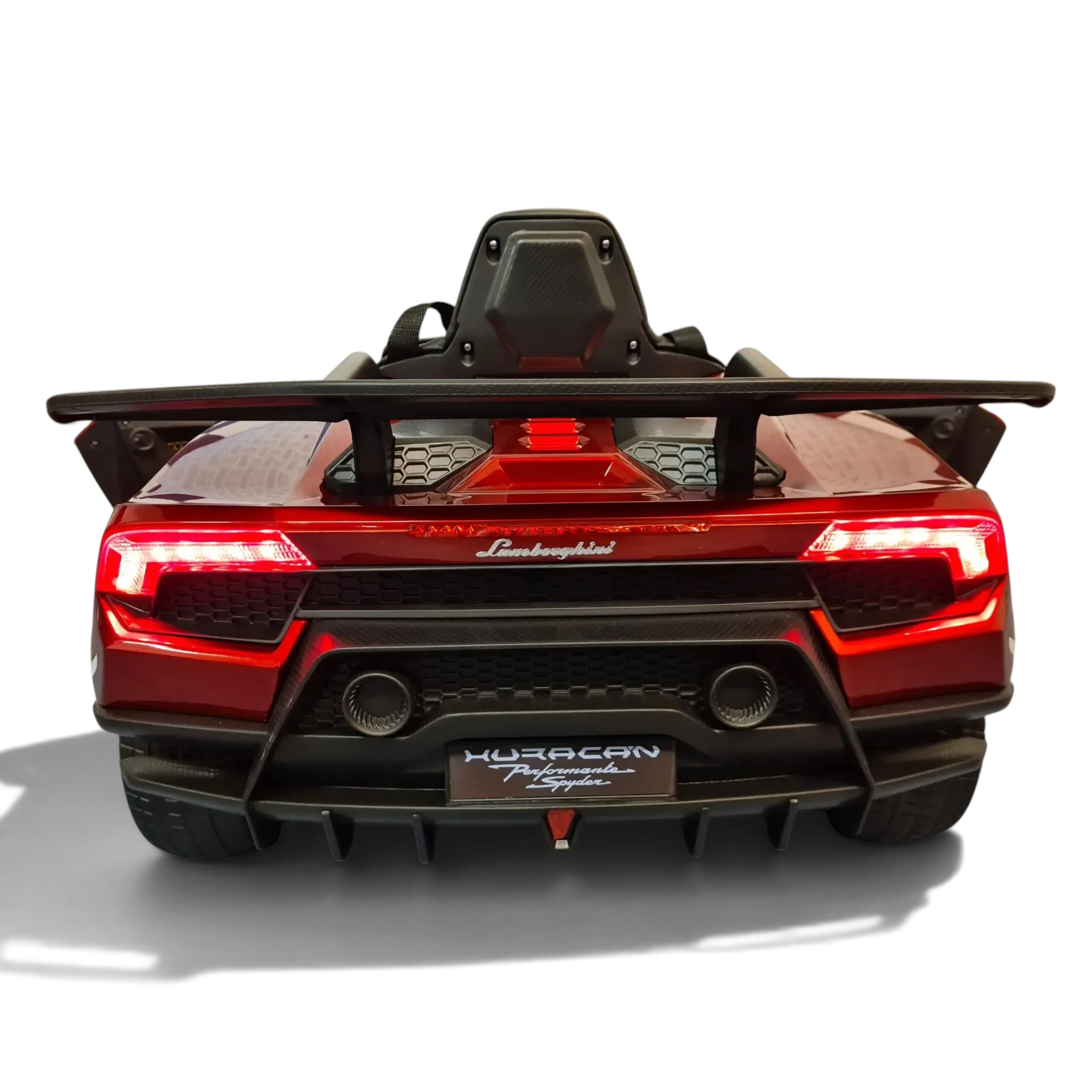Vue arrière de la voiture électrique enfant Petit Pilote Lamborghini Huracán rouge métallisé avec aileron et feux LED