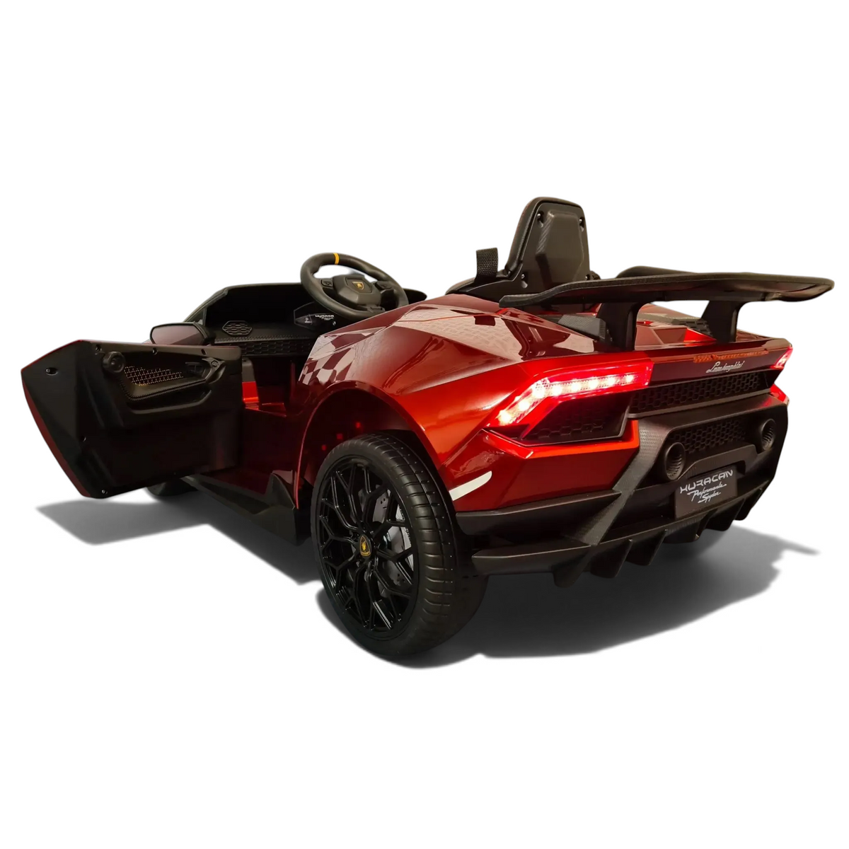 Voiture électrique enfant Petit Pilote Lamborghini Huracán rouge métallisé avec phares LED et pneus en caoutchouc
