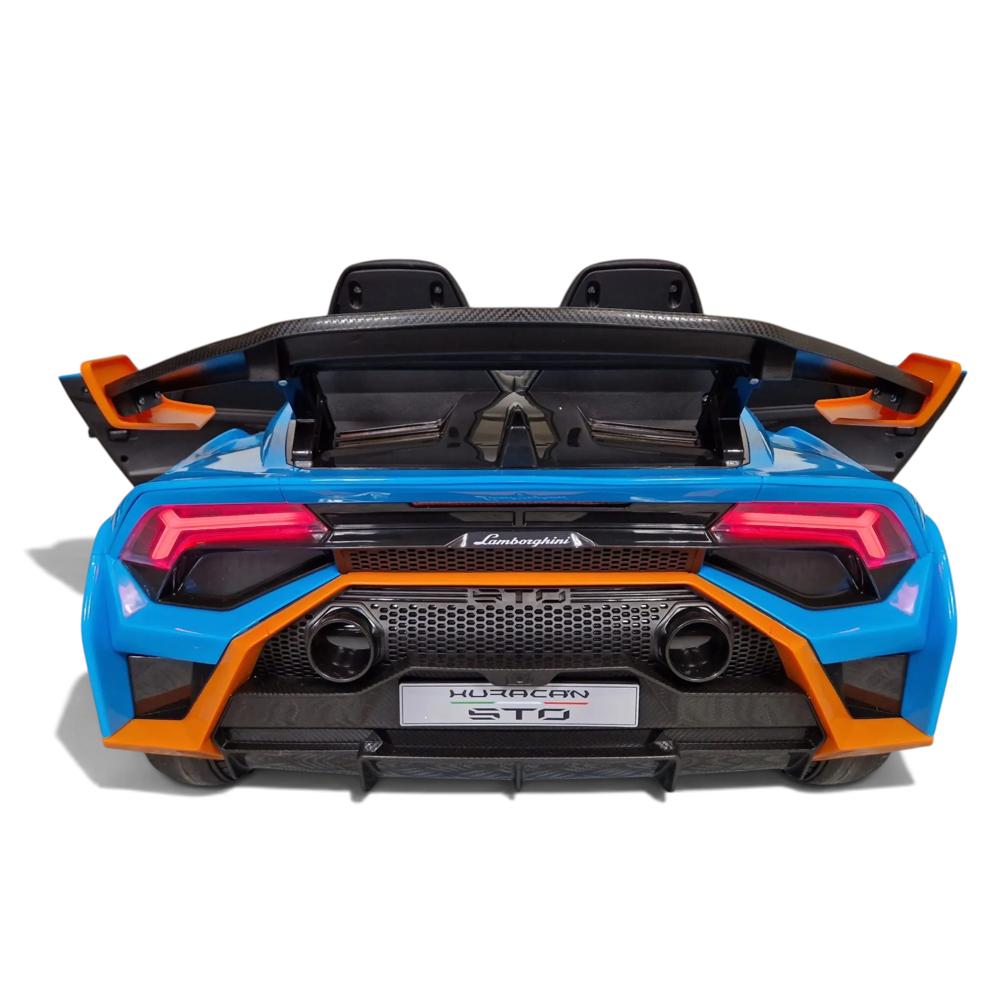 Vue arrière de la voiture électrique pour enfant Petit Pilote Lamborghini Huracán STO bleue avec aileron et feux LED