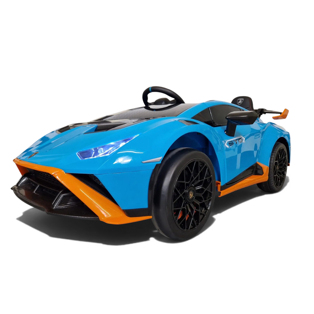 Voiture électrique enfant Petit Pilote Lamborghini Huracán STO bleue et orange avec phares LED et design sportif