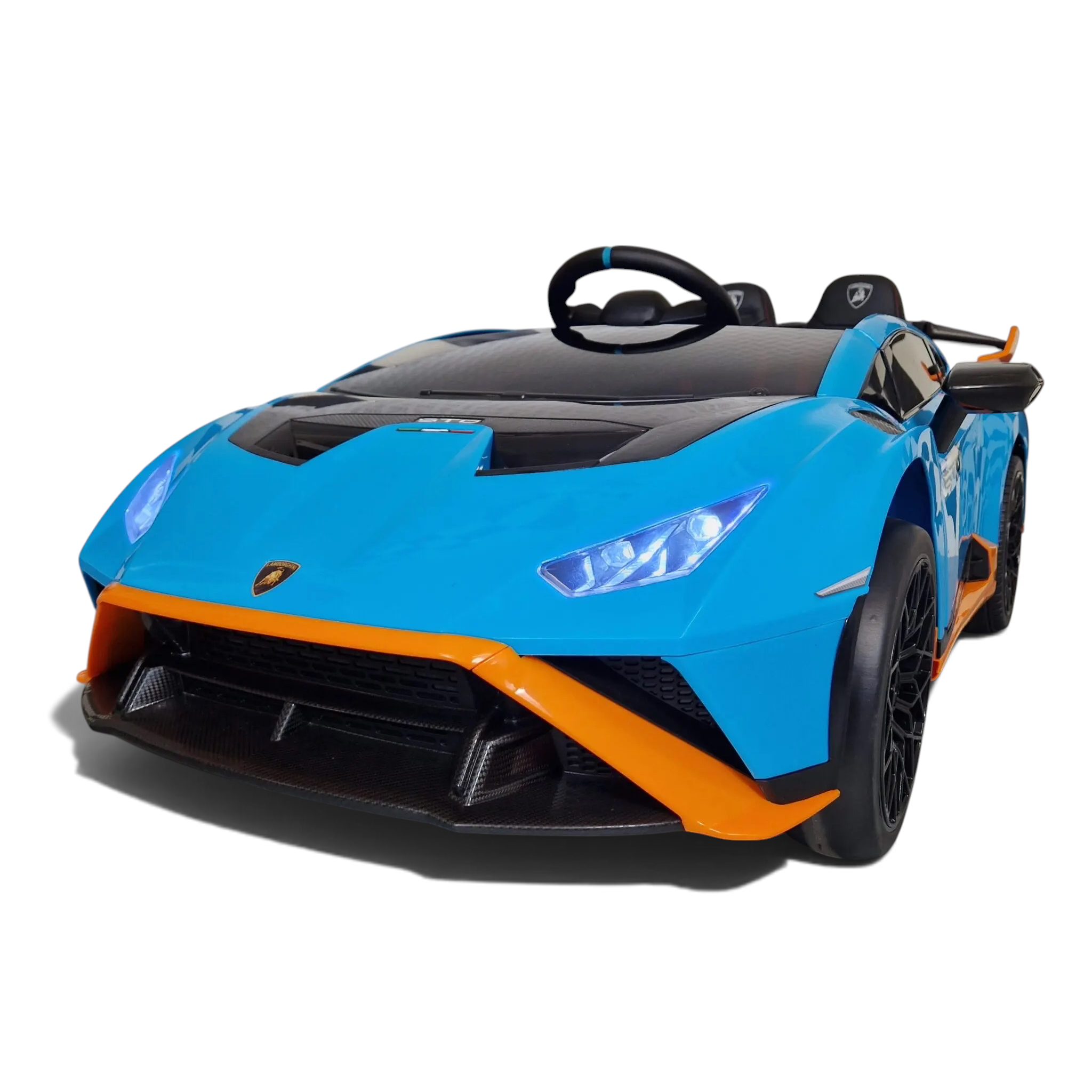 Voiture électrique enfant Petit Pilote Lamborghini Huracán STO bleue et orange avec phares LED allumés