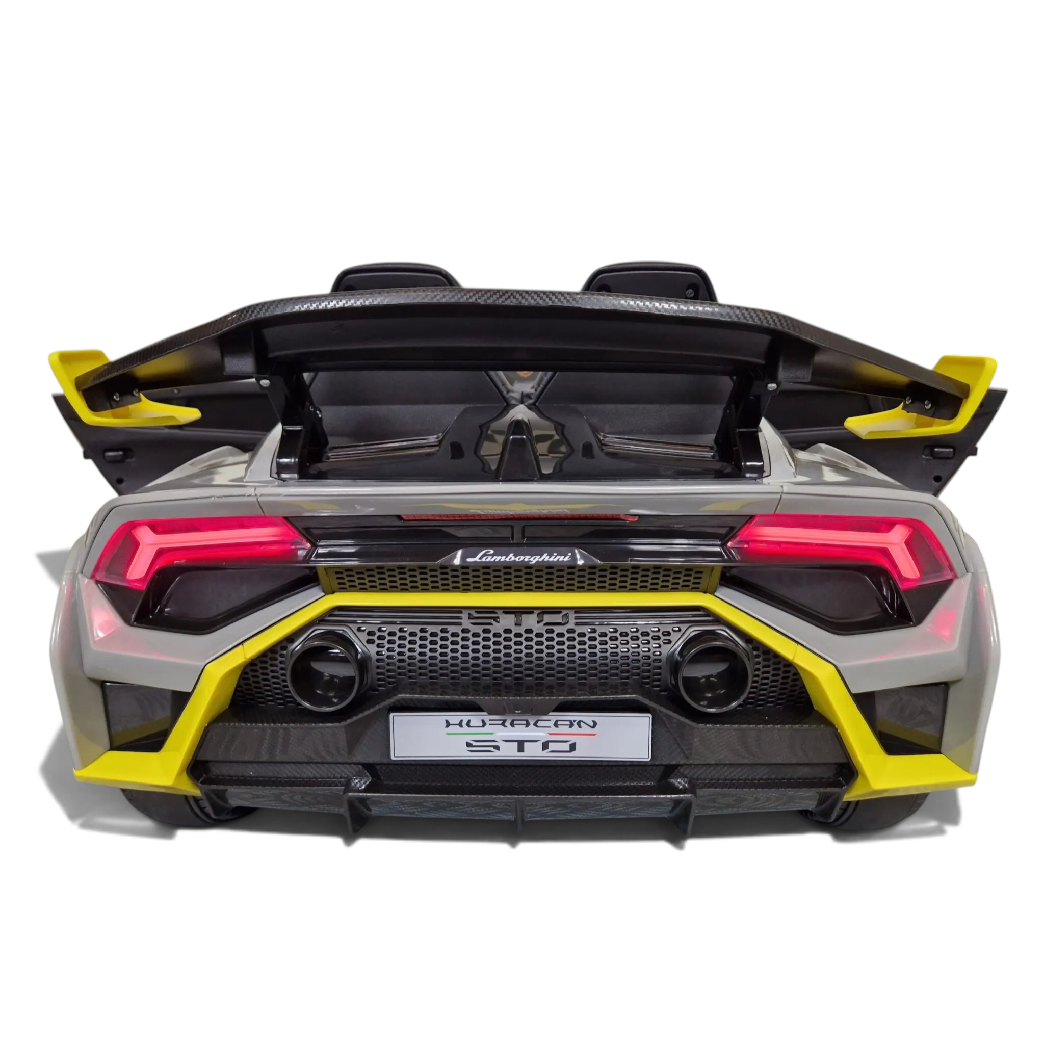 Vue arrière de la voiture électrique enfant Petit Pilote Lamborghini Huracán STO grise avec aileron et détails jaunes