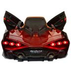 Vue arrière de la voiture électrique enfant Petit Pilote Lamborghini Sian rouge métallisé avec portes ouvertes et feux LED